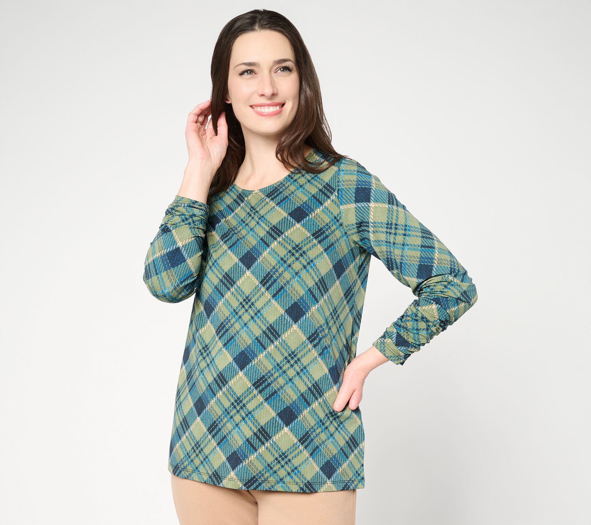 Susan Graver Printed Liquid Knit Ruched Sleeve Top