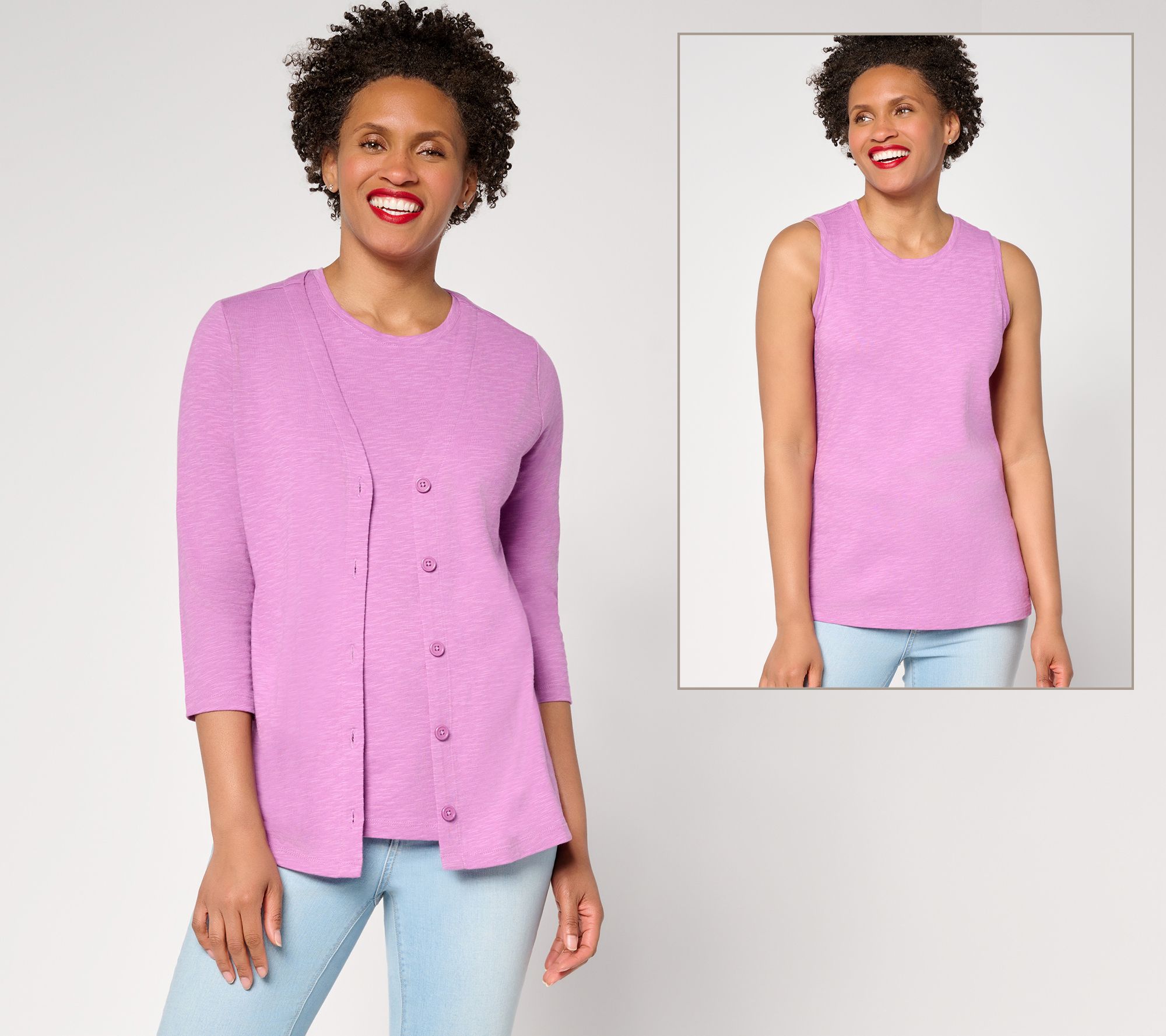 "As Is" Denim & Co. Essentials Linen Blend Cardigan/ Tank Set