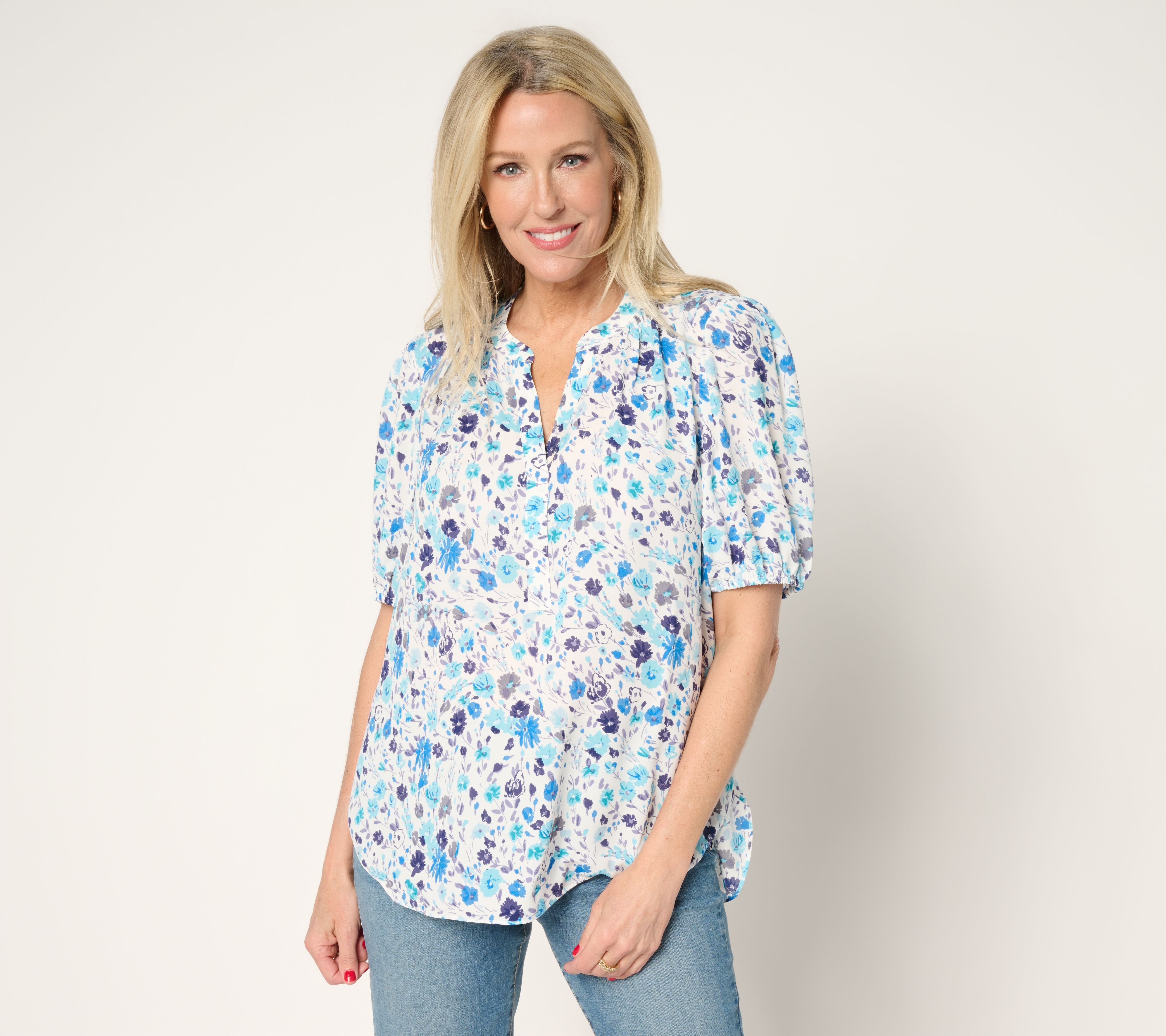 "As Is" NYDJ Short Puff Sleeve Popover Blouse