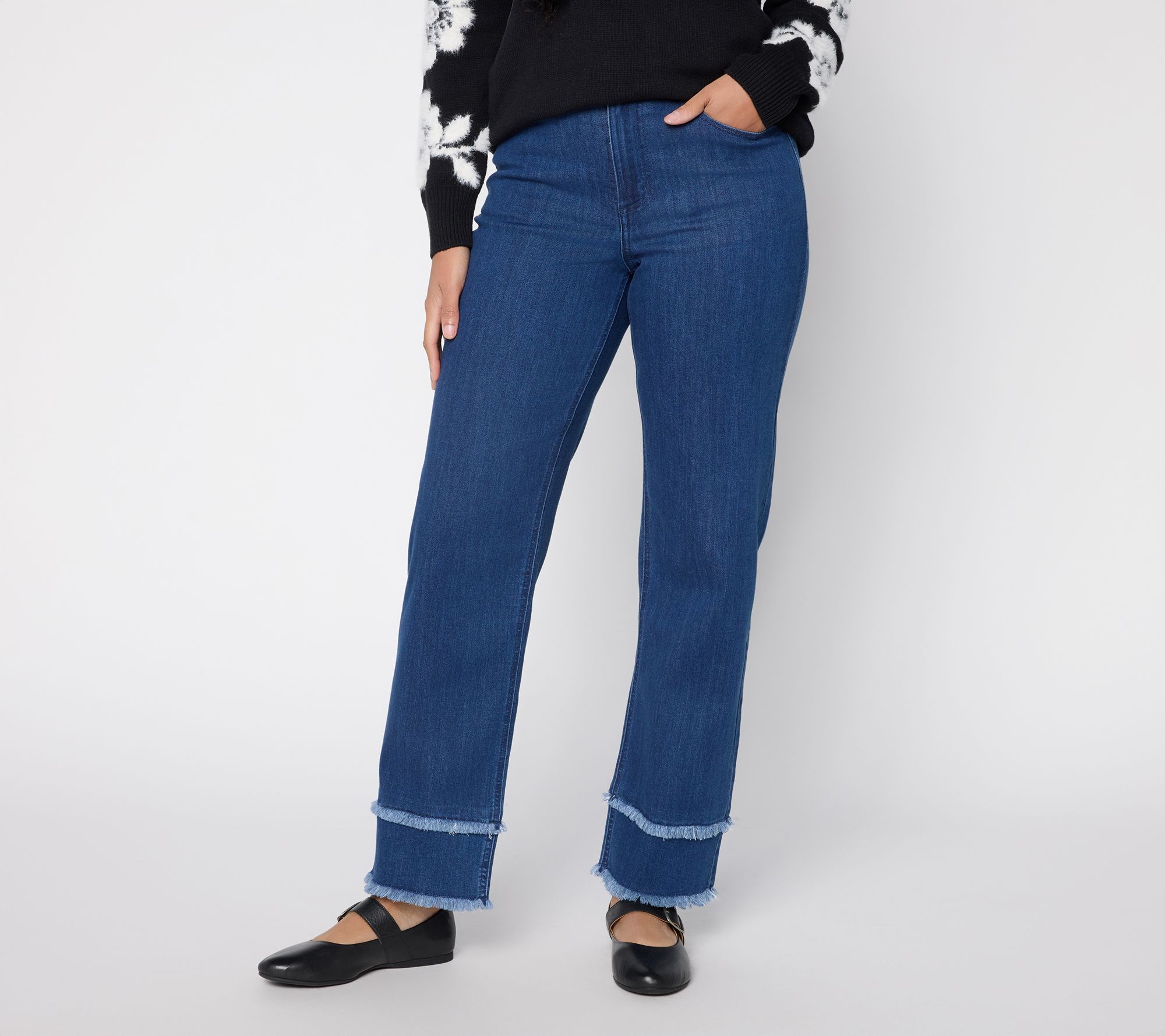 Susan Graver Petite Wide Leg Ankle Jean with Hem Detail