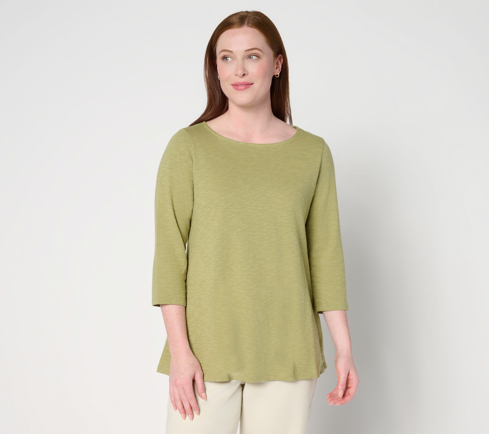 "As Is" Denim & Co. Slub Jersey 3/4 Sleeve Boat Neck Hi Low Top