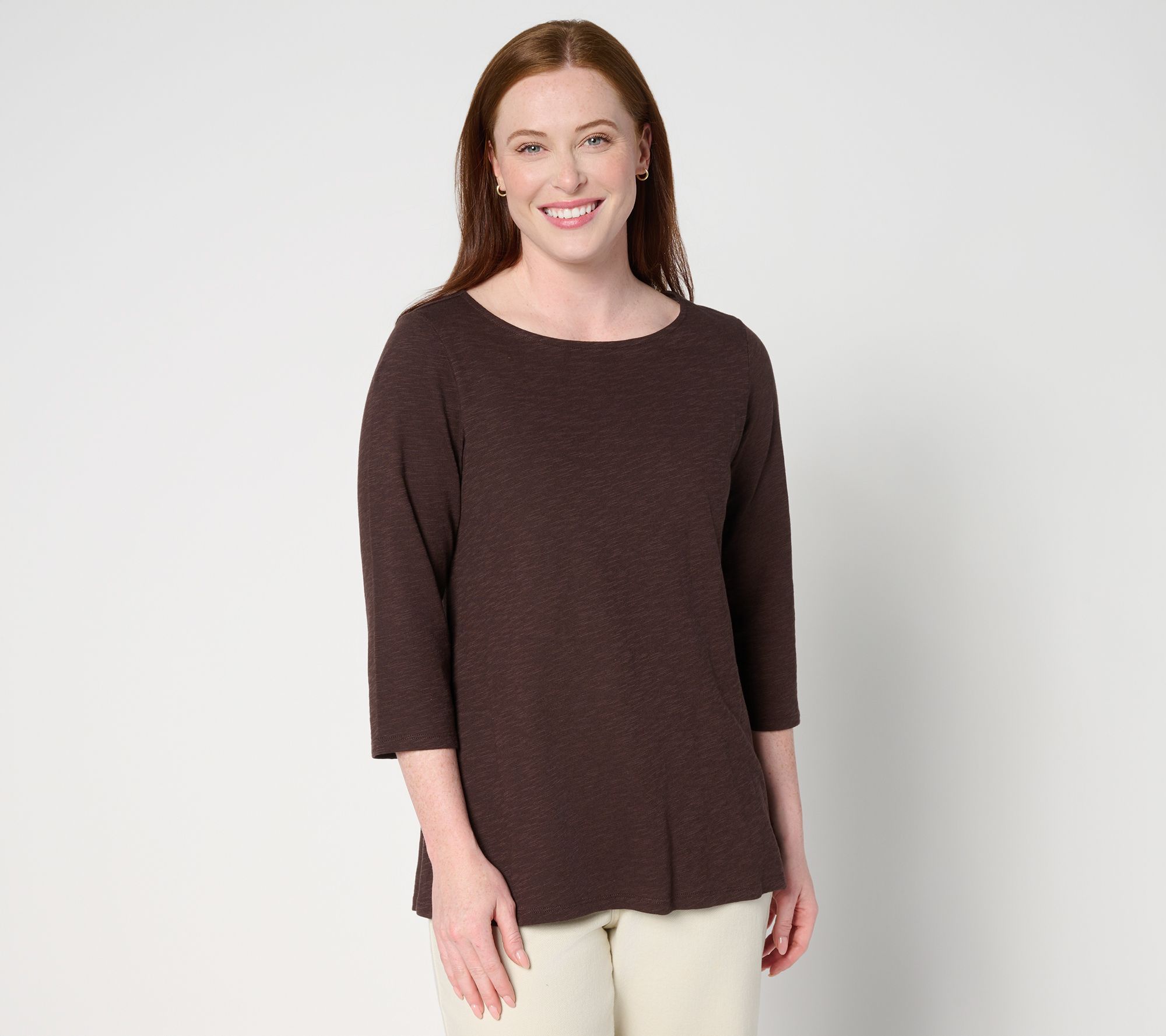 "As Is" Denim & Co. Slub Jersey 3/4 Sleeve Boat Neck Hi Low Top