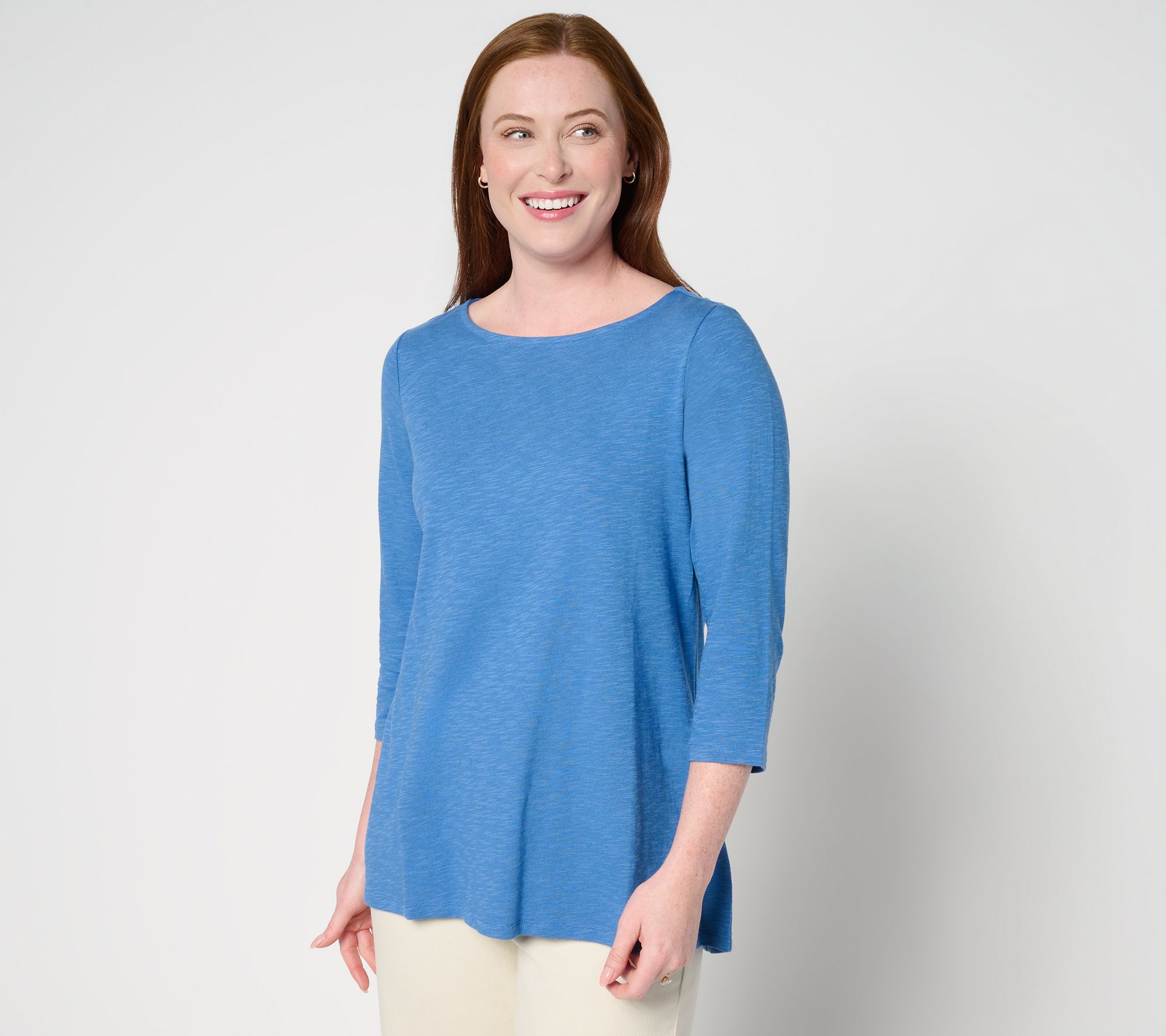 "As Is" Denim & Co. Slub Jersey 3/4 Sleeve Boat Neck Hi Low Top