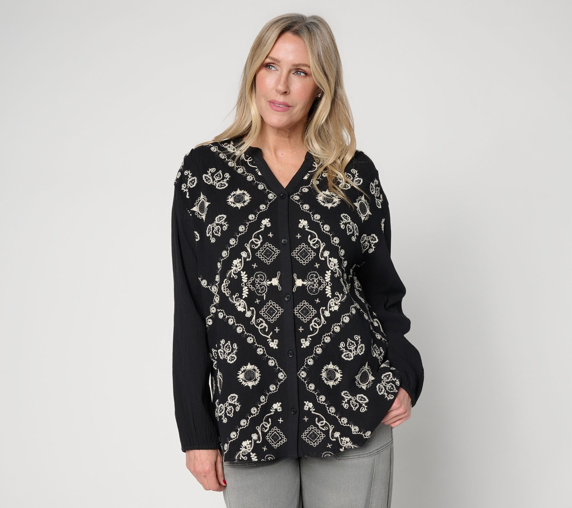 LOGO Lavish by Lori Goldstein Embroidered Button Front Split-V Blouse
