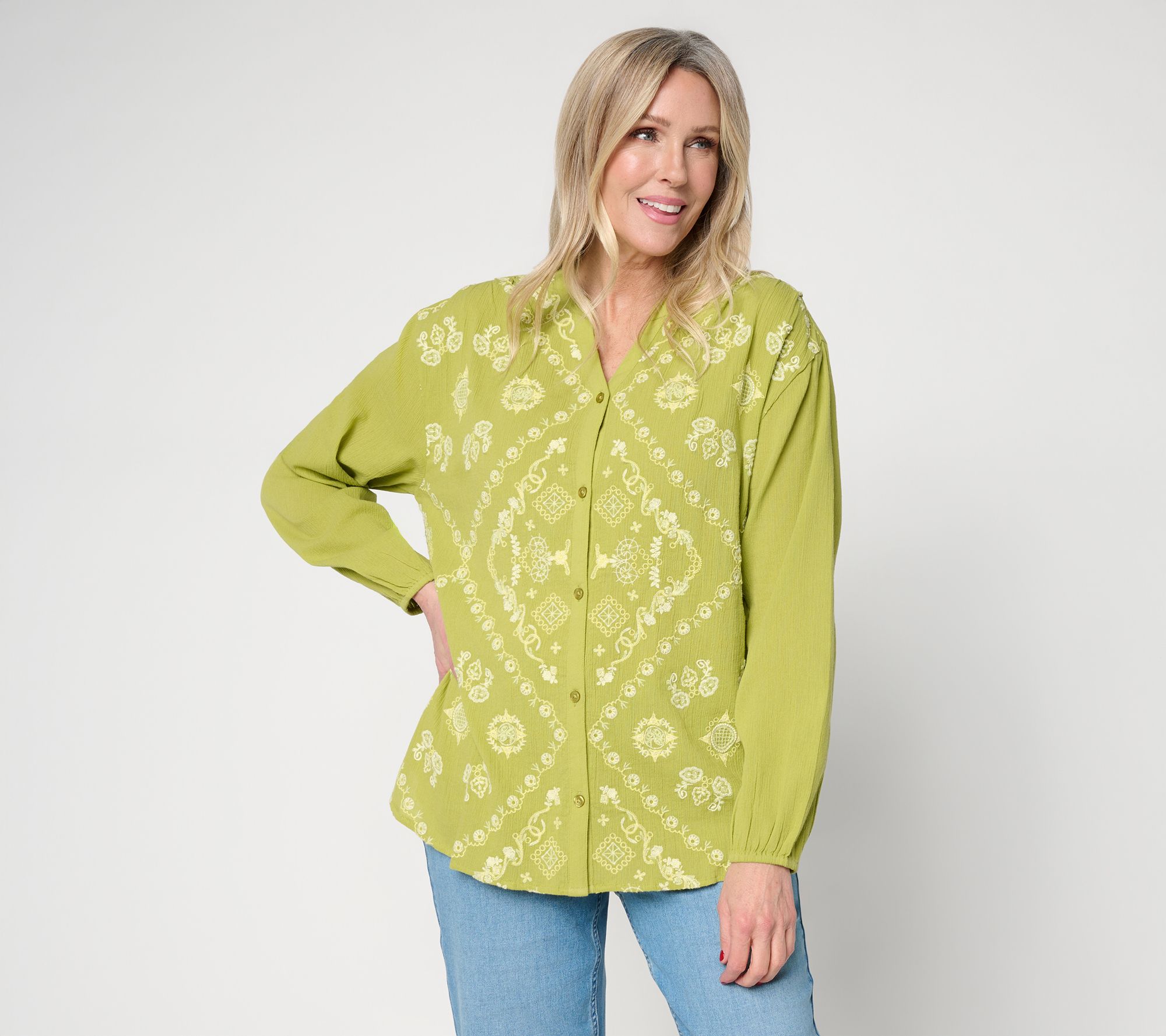 LOGO Lavish by Lori Goldstein Embroidered Button Front Split-V Blouse