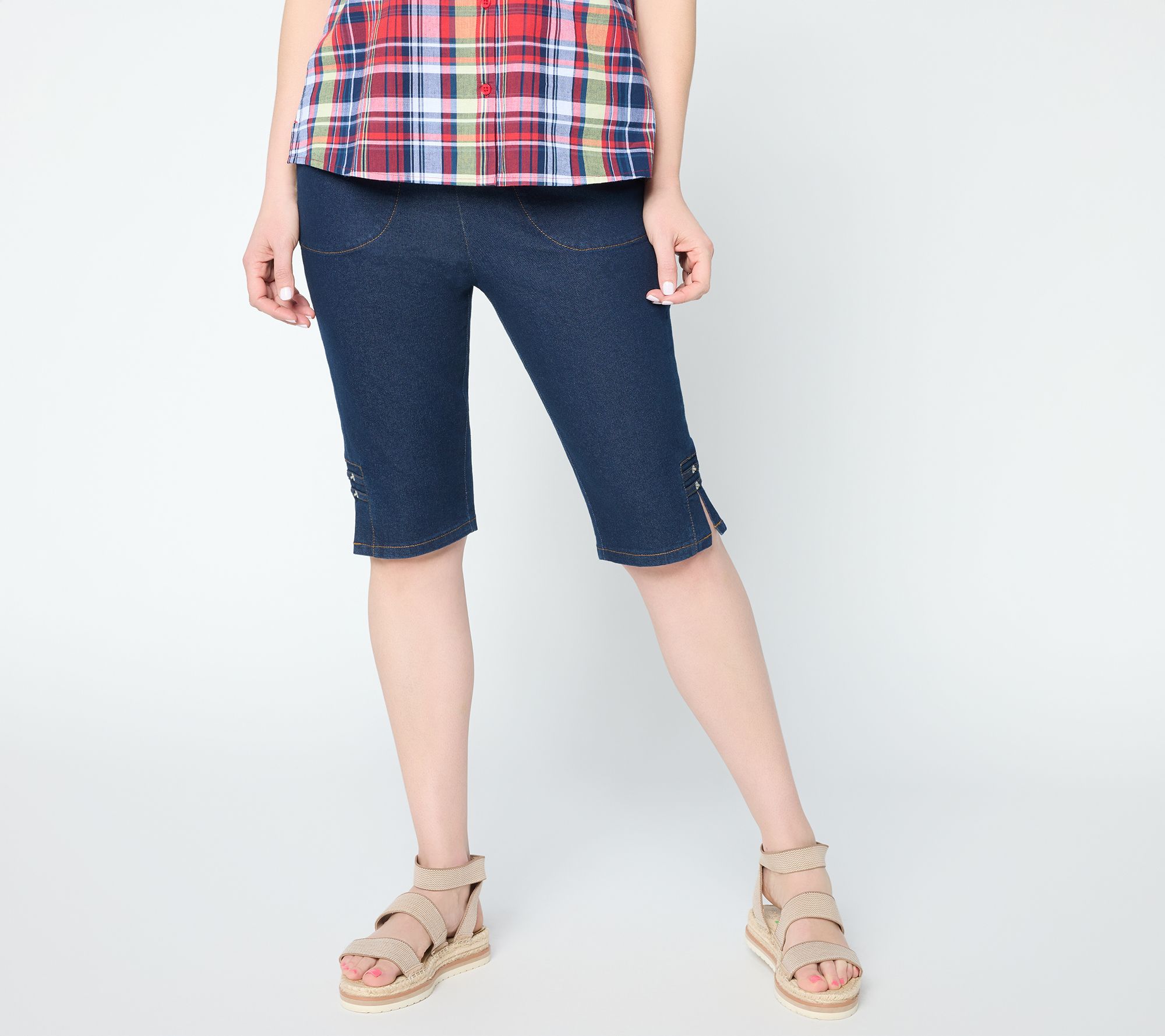 Denim & Co. Petite Indigo Flat Front Bermuda Shorts w/ Hem Detail