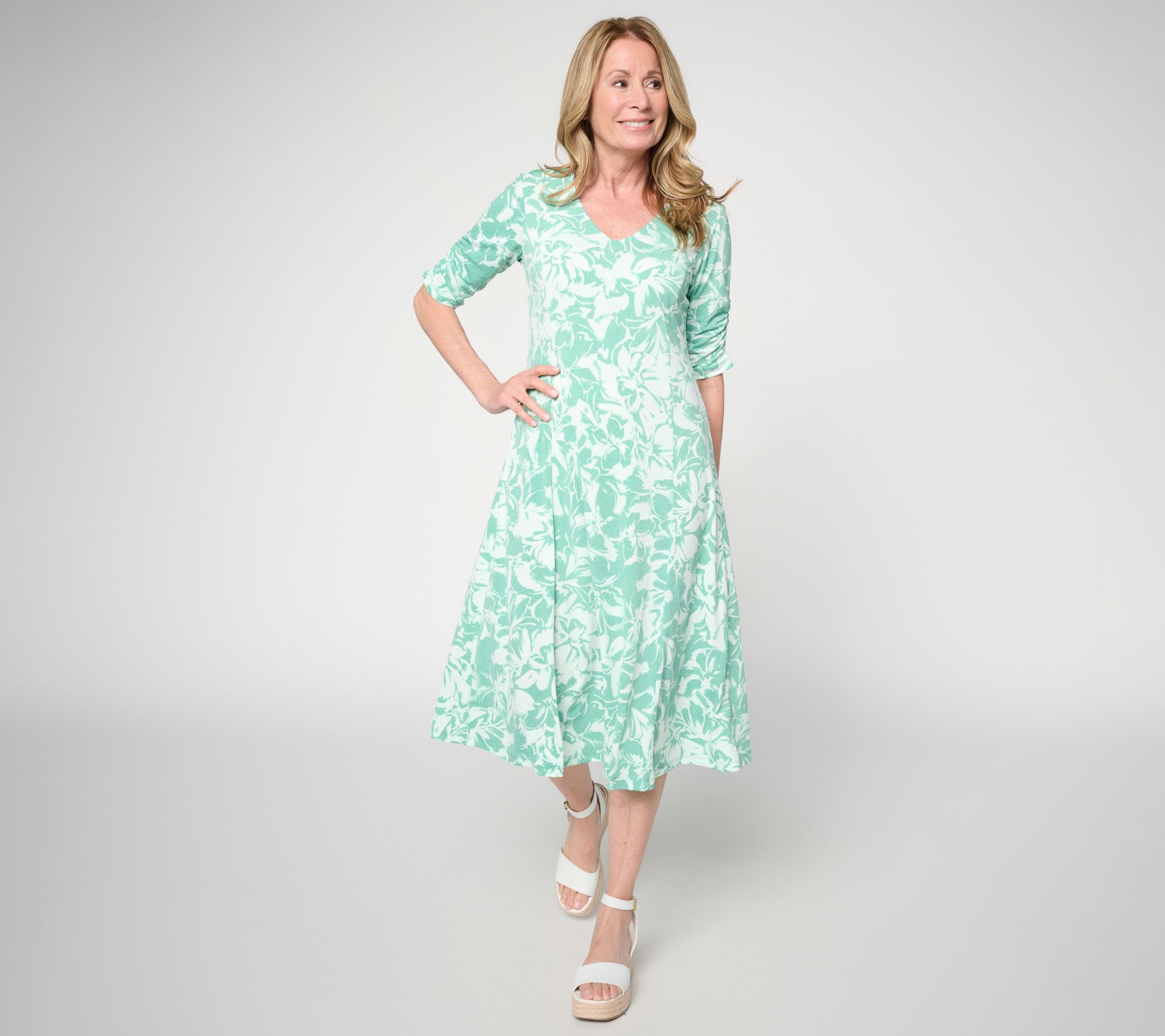 Susan Graver Petite Printed Liquid Knit Fit & Flare Midi Dress