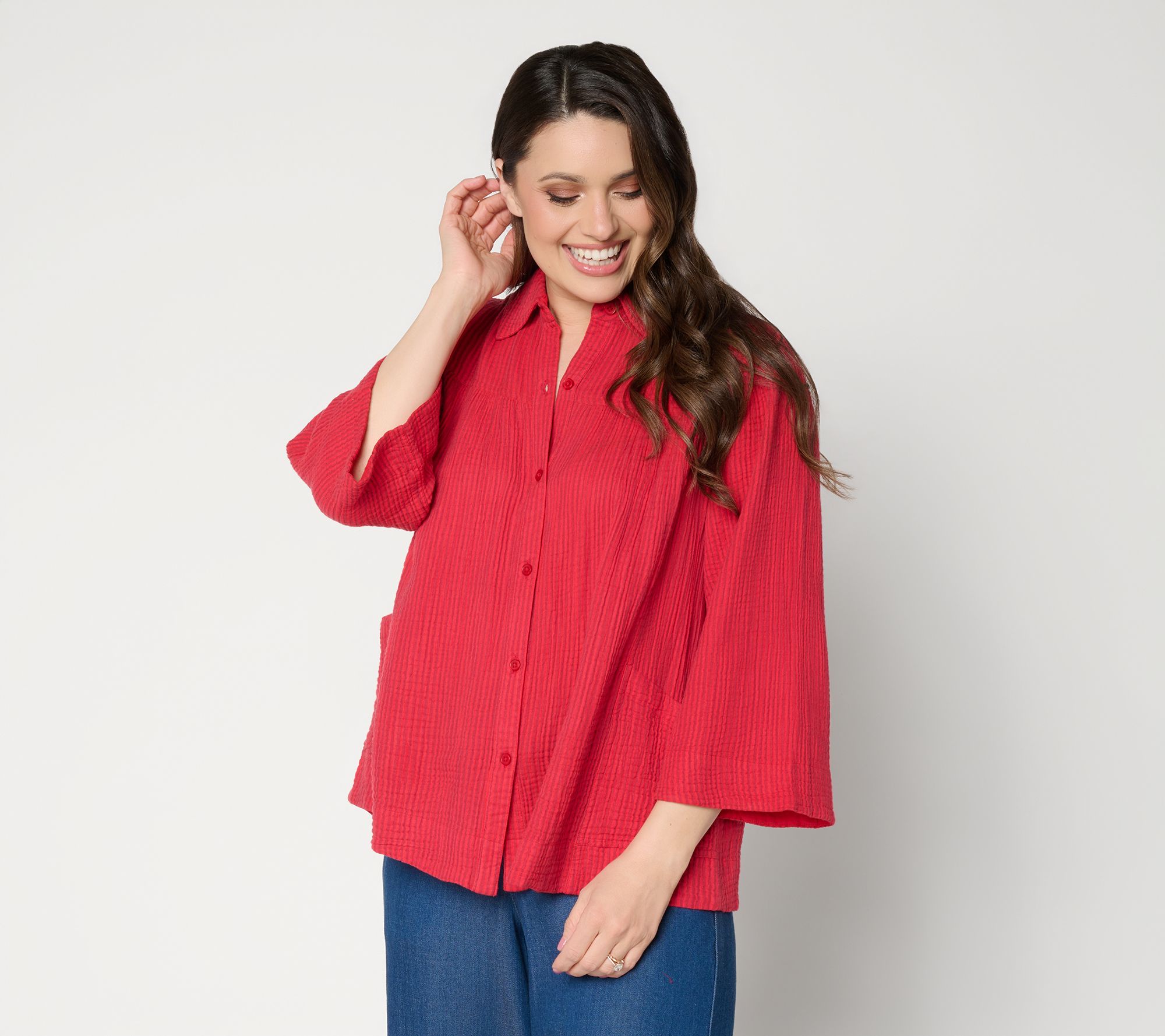 LOGO by Lori Goldstein Textured Cotton Button Front Stripe Shirt