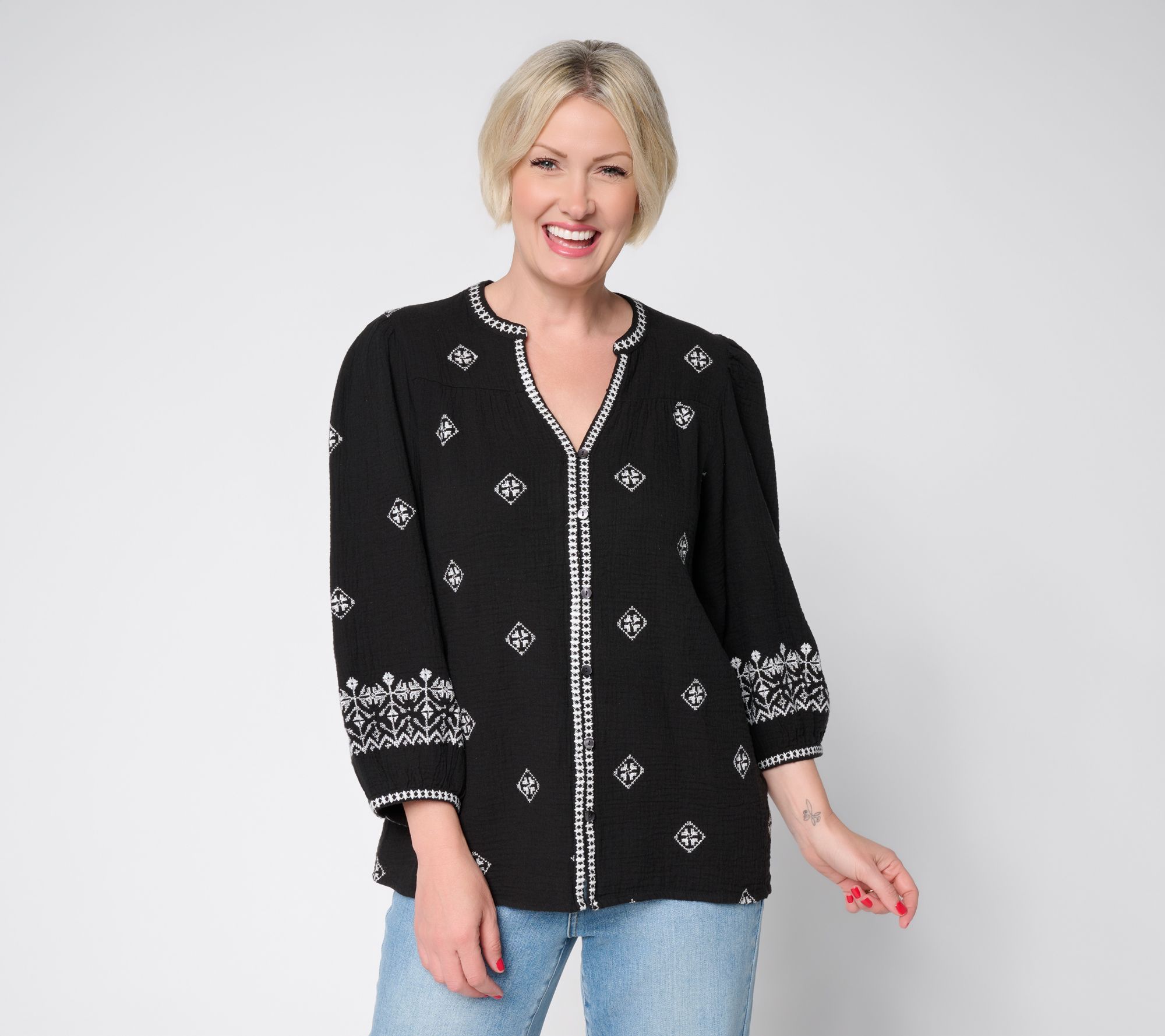 Ree by the Pioneer Woman Split Neck Embroidered Peasant Blouse