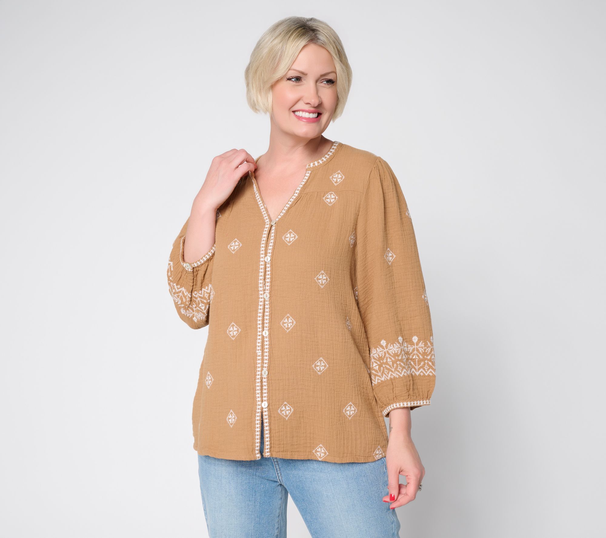 Ree by the Pioneer Woman Split Neck Embroidered Peasant Blouse