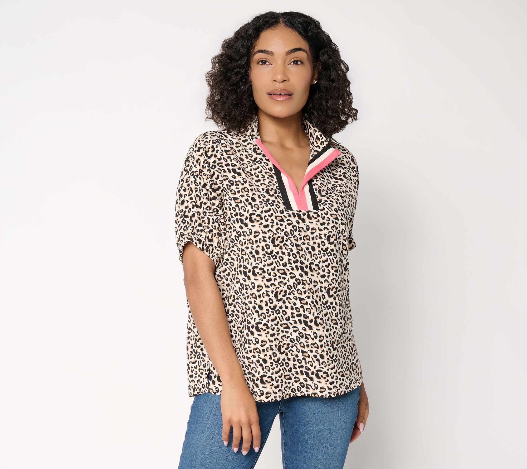 Belle by Kim Gravel Animal Instinct Striped Neck Elbow SleeveTop