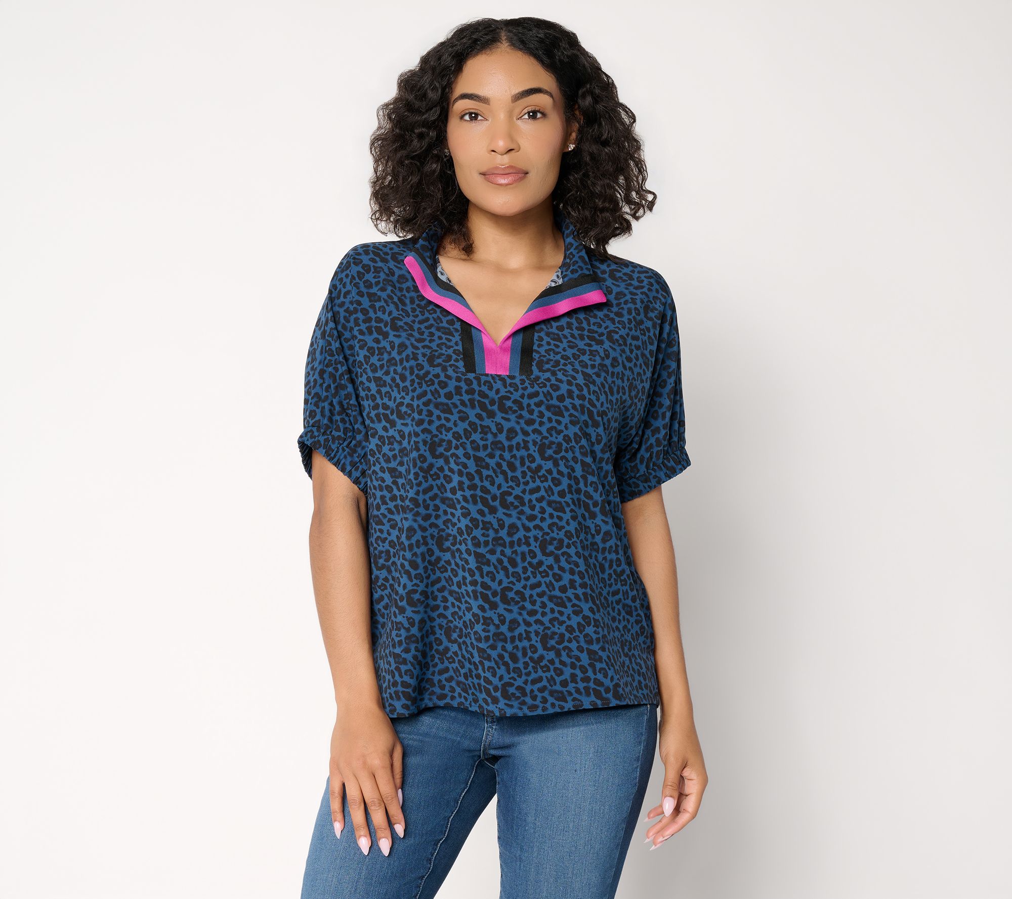 Belle by Kim Gravel Animal Instinct Striped Neck Elbow SleeveTop