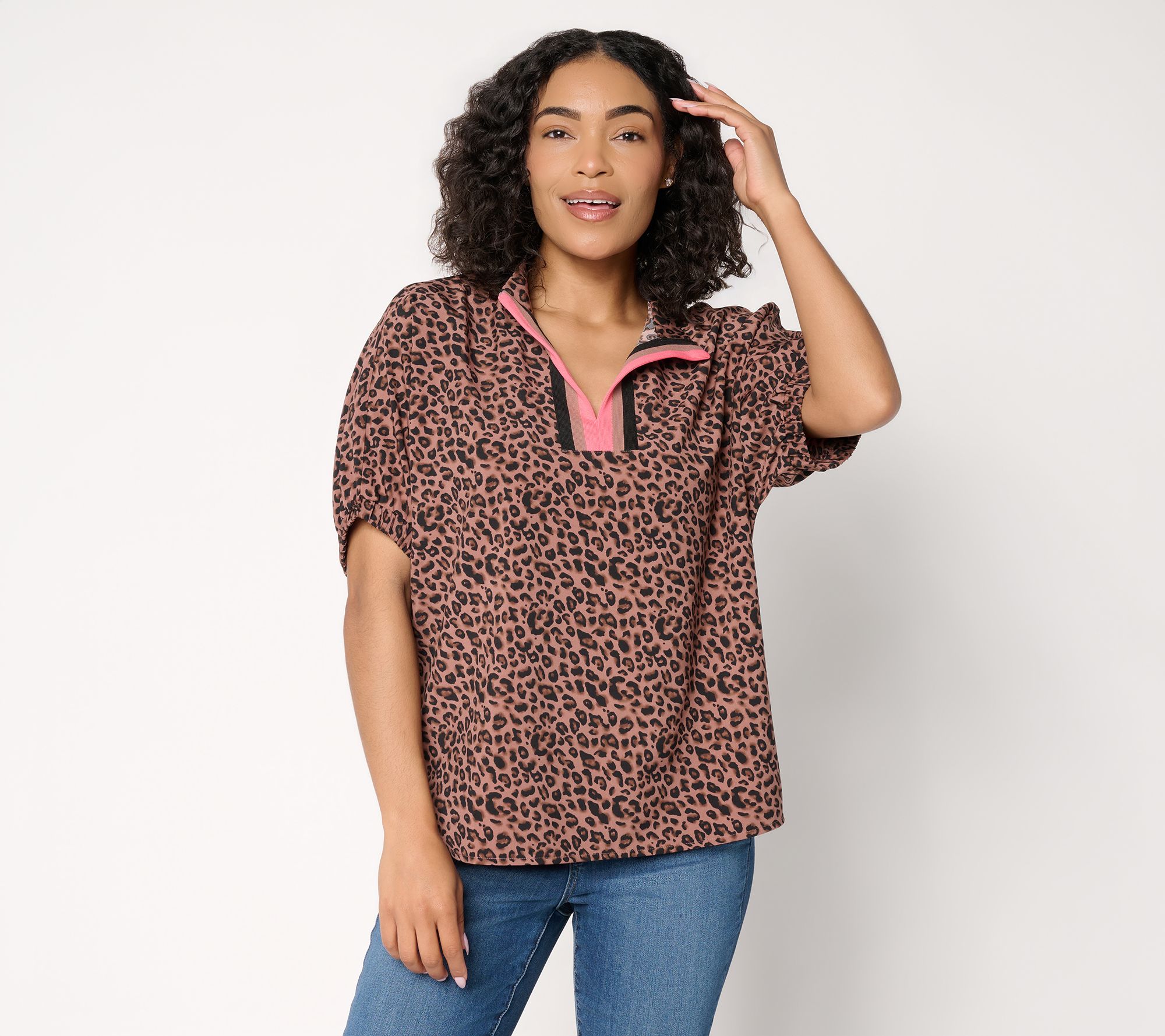 Belle by Kim Gravel Animal Instinct Striped Neck Elbow SleeveTop