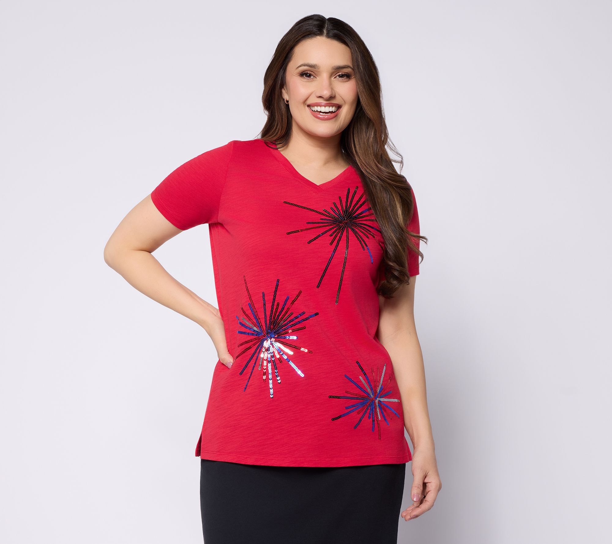 Quacker Factory Baby You're A Firework Sequin Short Sleeve Top