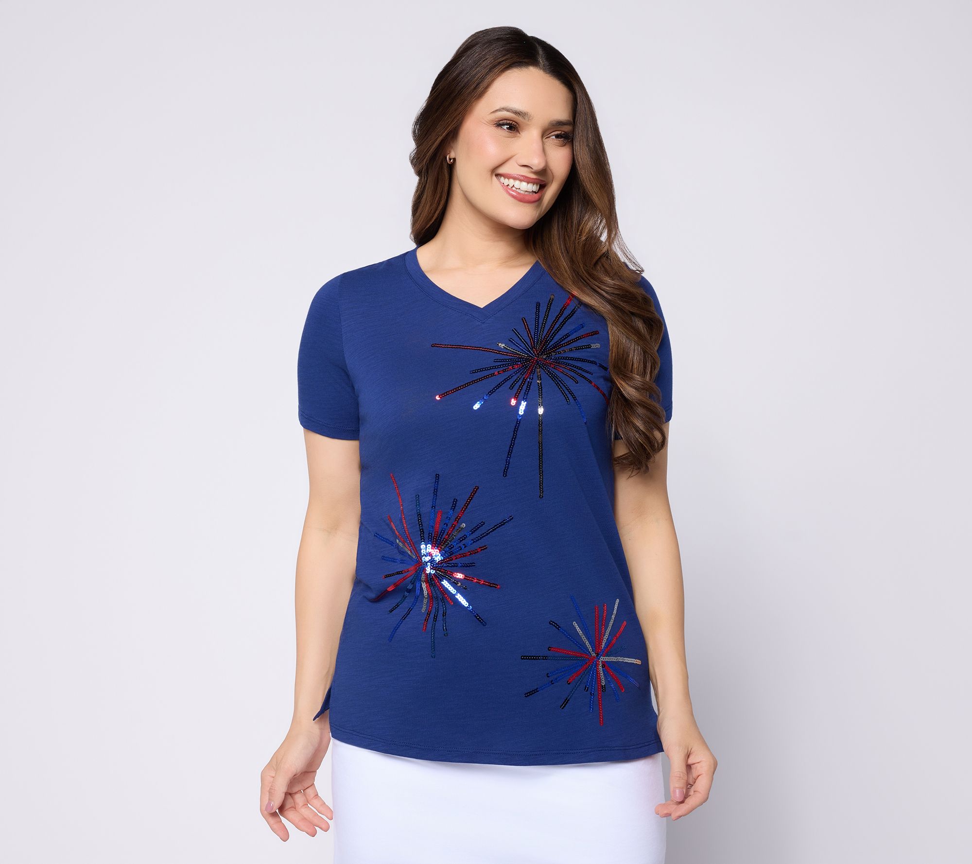 Quacker Factory Baby You're A Firework Sequin Short Sleeve Top
