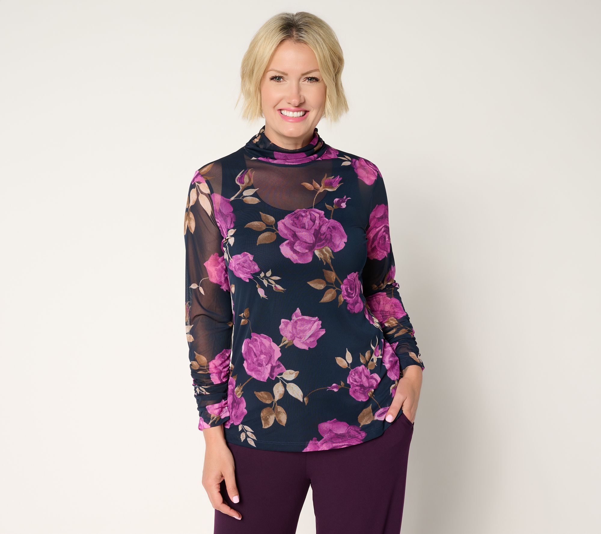 "As Is" Susan Graver Printed Mesh Ruched Mock Neck Top with Tank