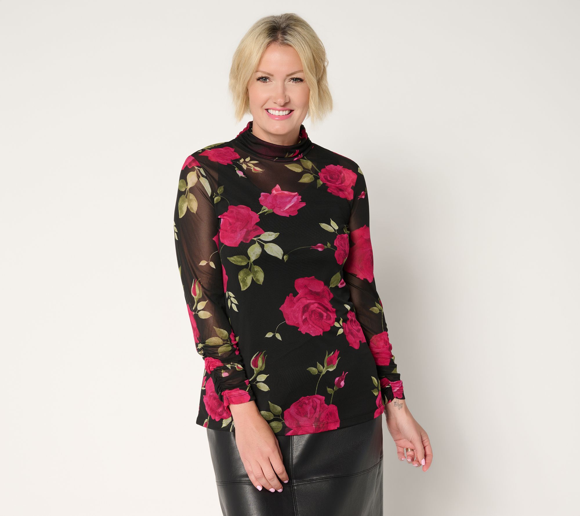 "As Is" Susan Graver Printed Mesh Ruched Mock Neck Top with Tank