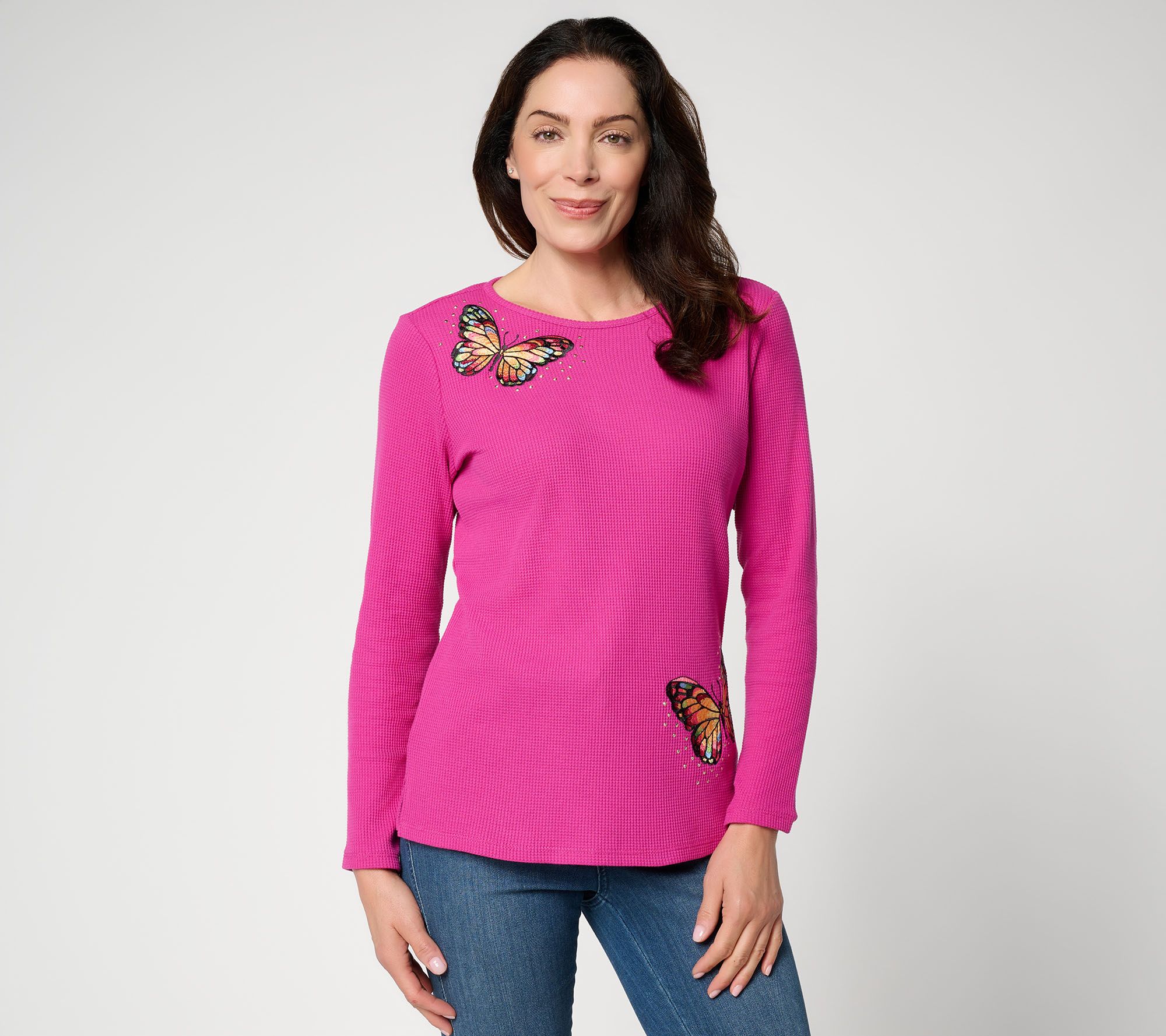 Quacker Factory Fall Flutter Waffle Knit Long Sleeve Top