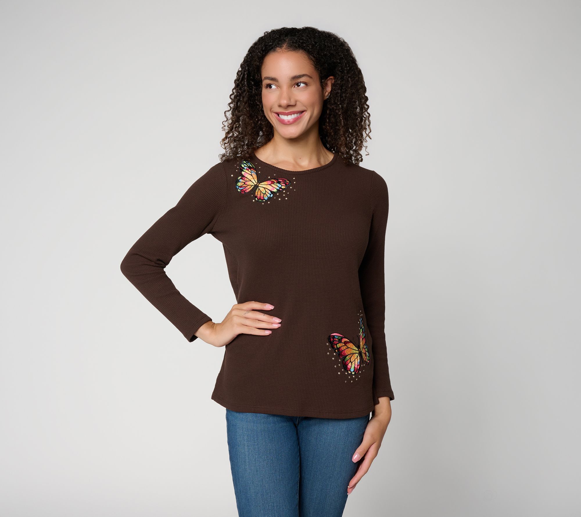 Quacker Factory Fall Flutter Waffle Knit Long Sleeve Top