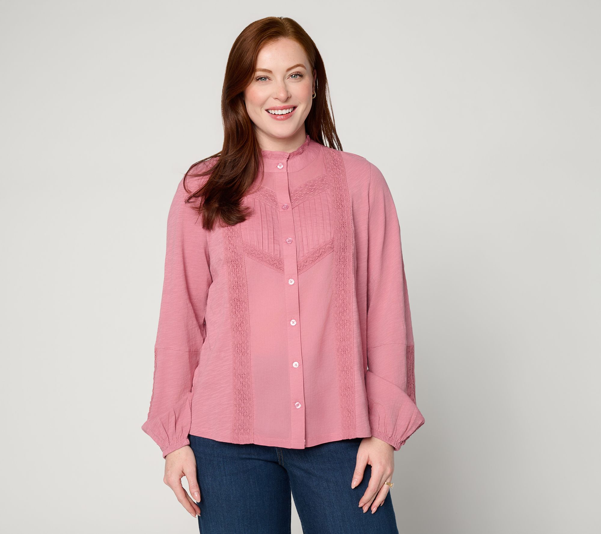 "As Is" LOGO Lavish by Lori Goldstein 100% Cotton Long Slv Woven Blouse