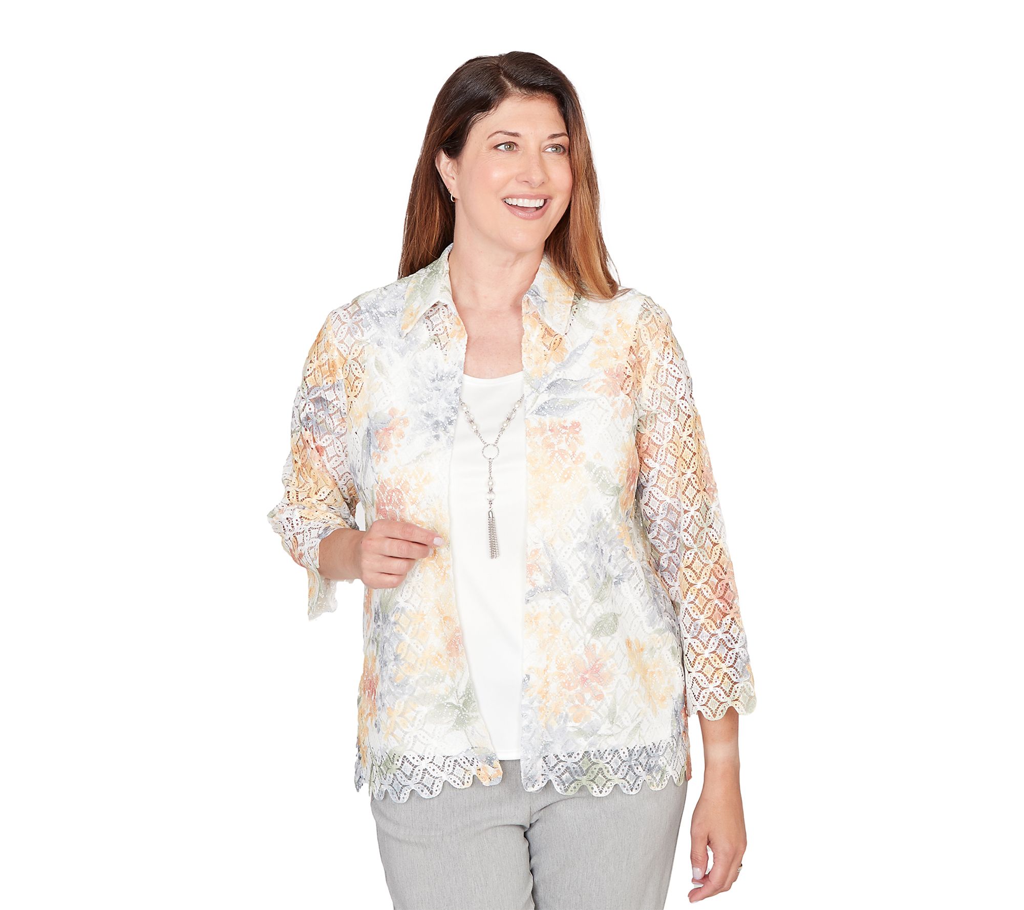 Alfred Dunner Women's Lace Floral Two in One Top with Necklace