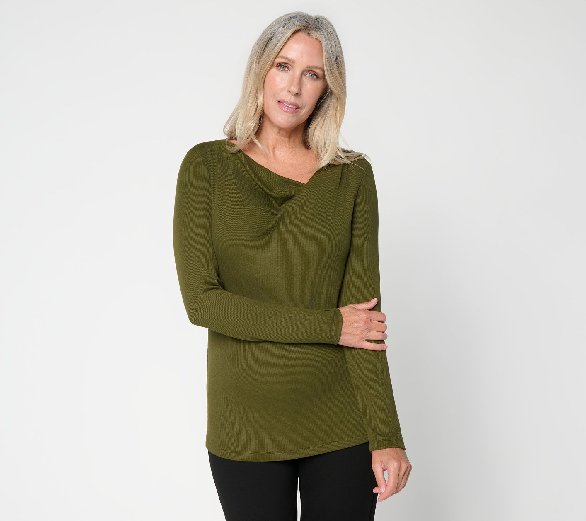 Susan Graver Rib Knit Draped Cowl Neck Long Sleeve Top