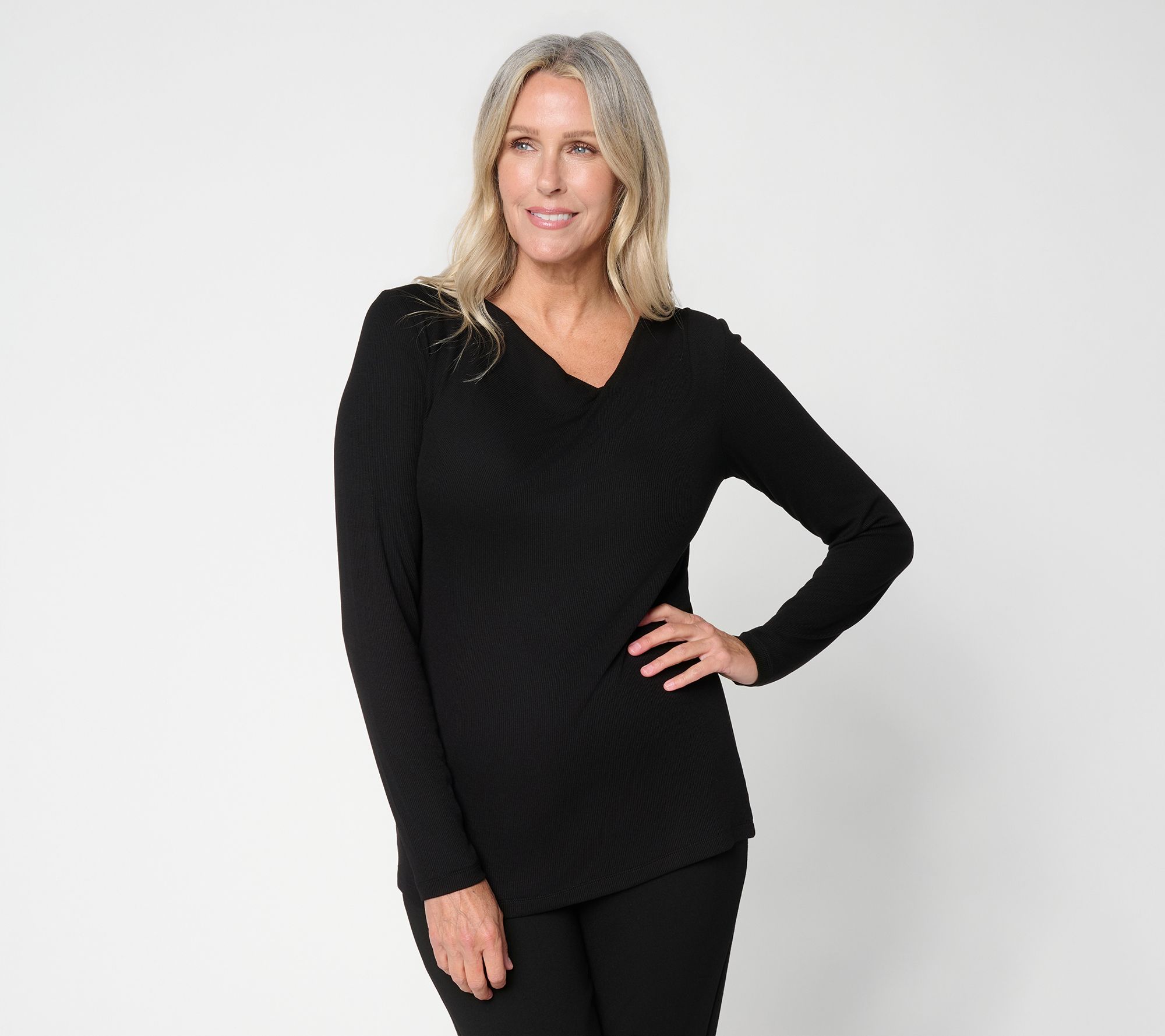 Susan Graver Rib Knit Draped Cowl Neck Long Sleeve Top