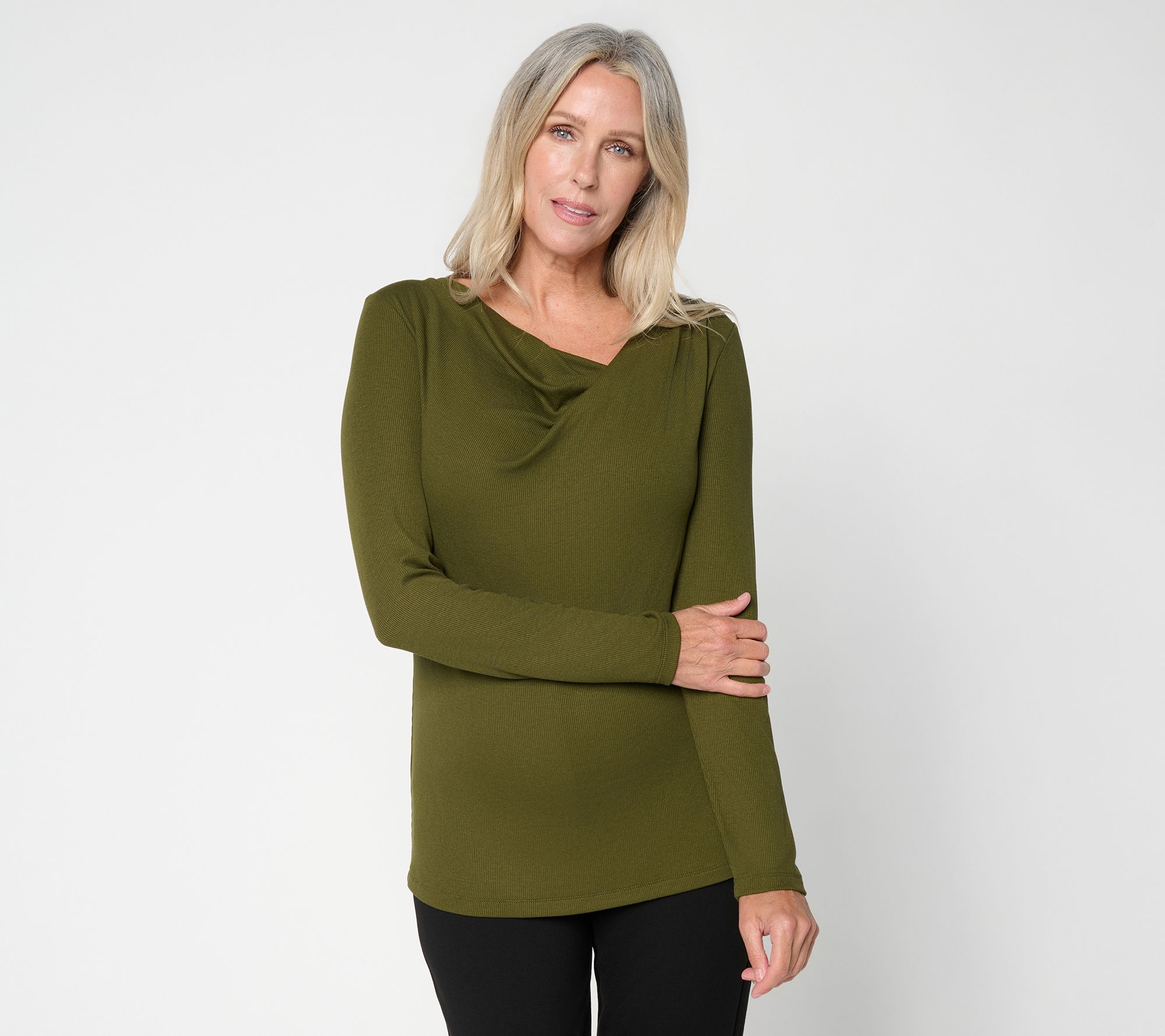 Susan Graver Rib Knit Draped Cowl Neck Long Sleeve Top