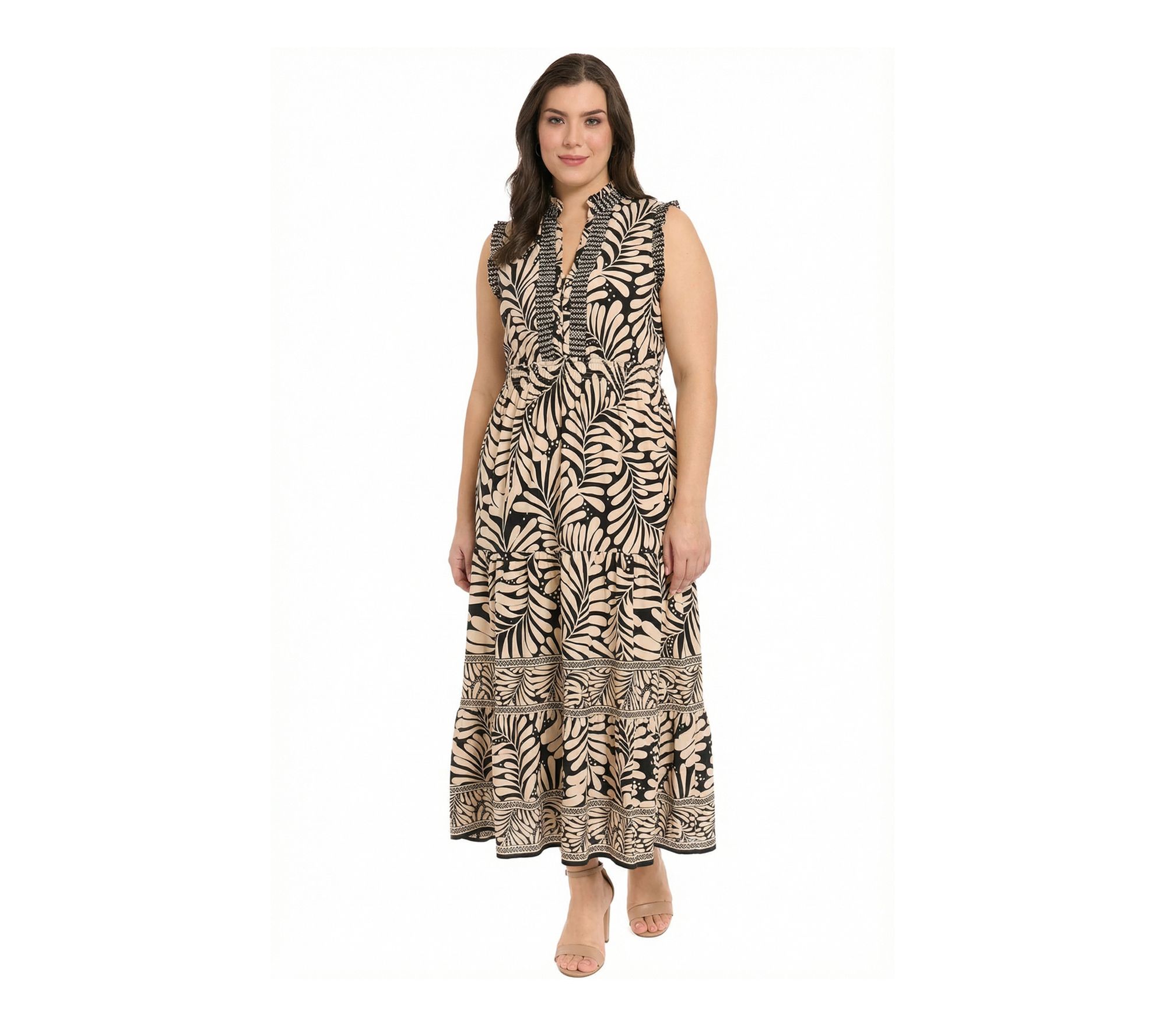 London Times Plus Ruffle Neck Smock Waist Tiered Dress