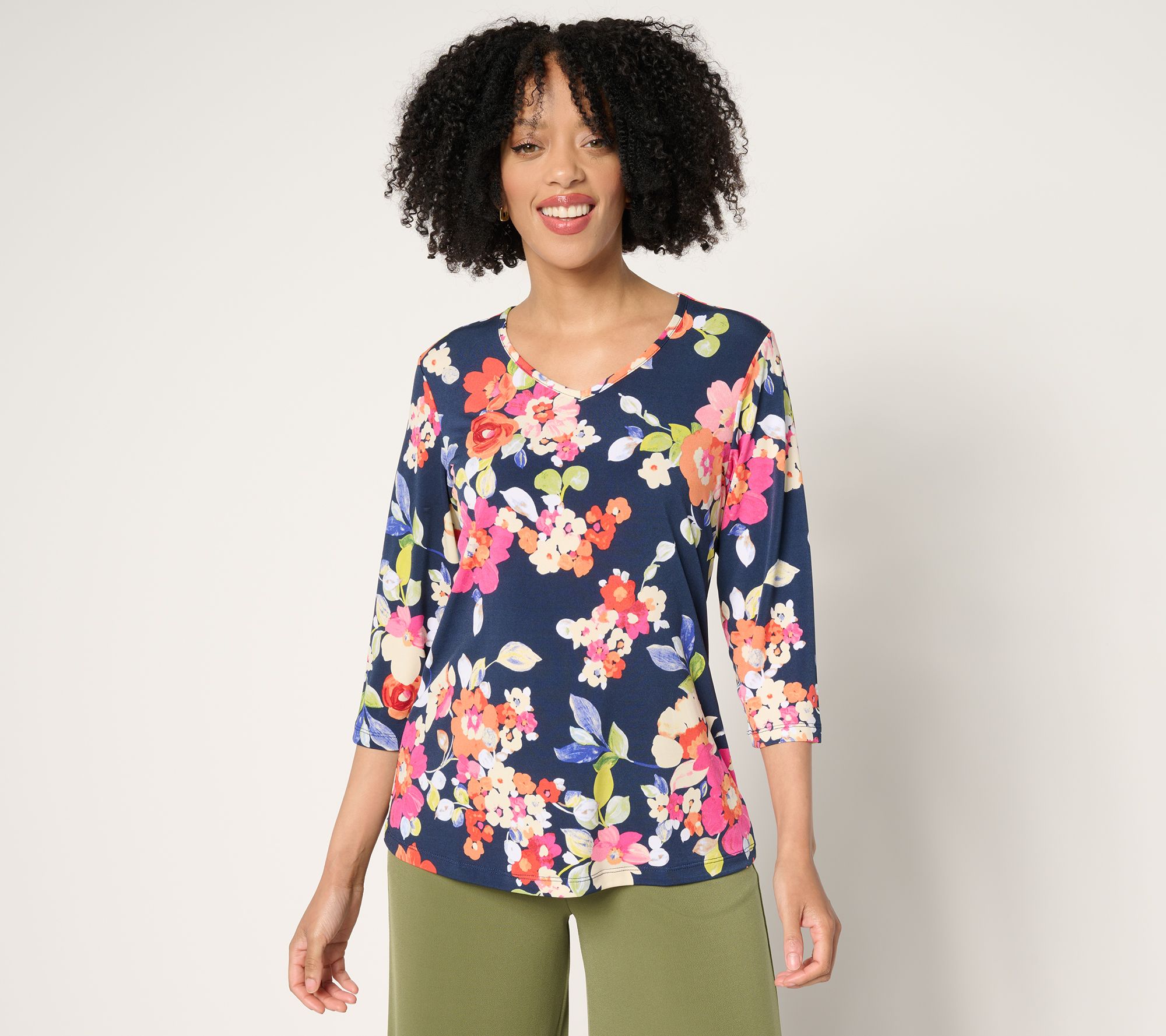 Susan Graver Printed Liquid Knit V-neck 3/4 Sleeve Top
