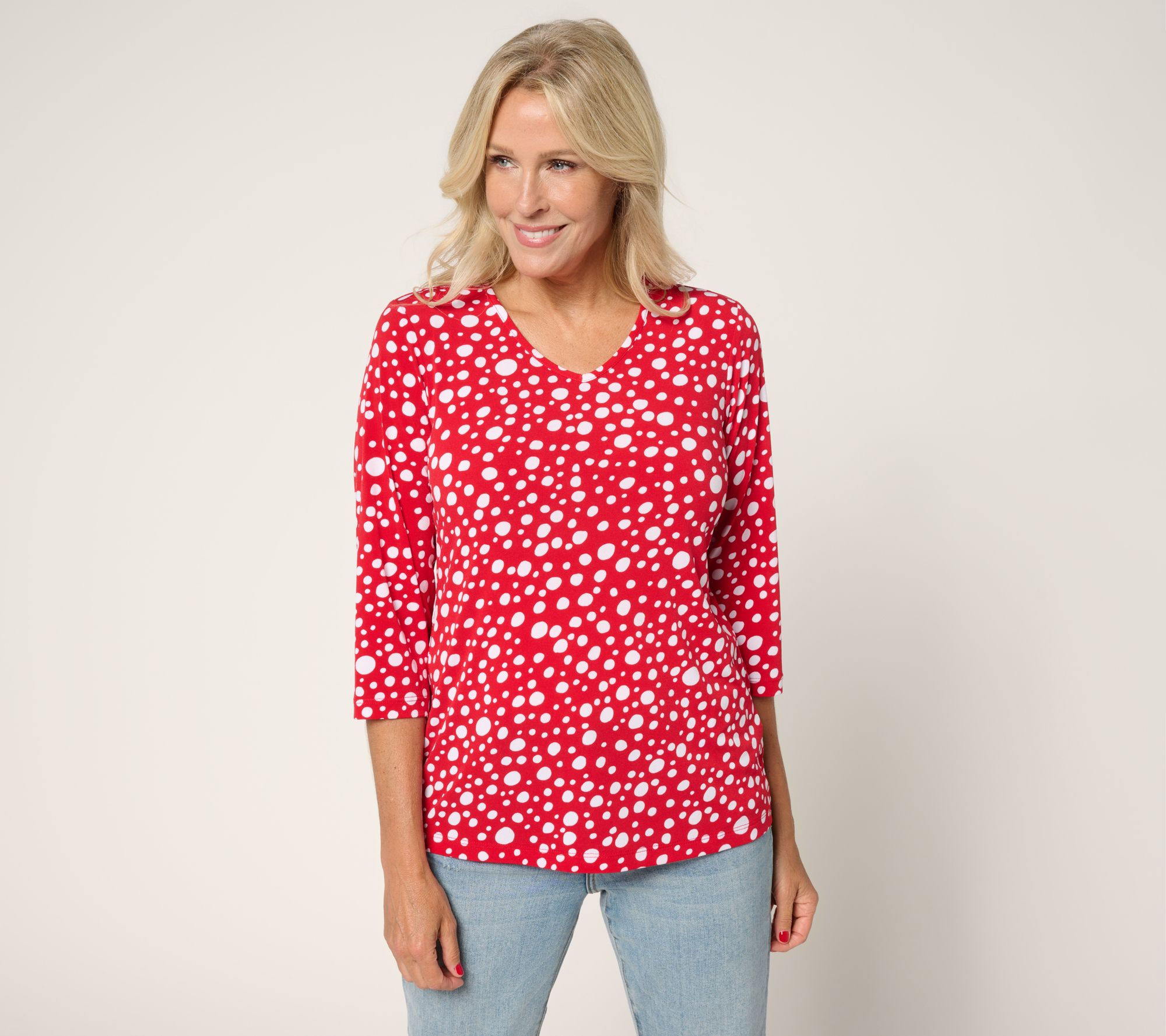 Susan Graver Printed Liquid Knit V-neck 3/4 Sleeve Top