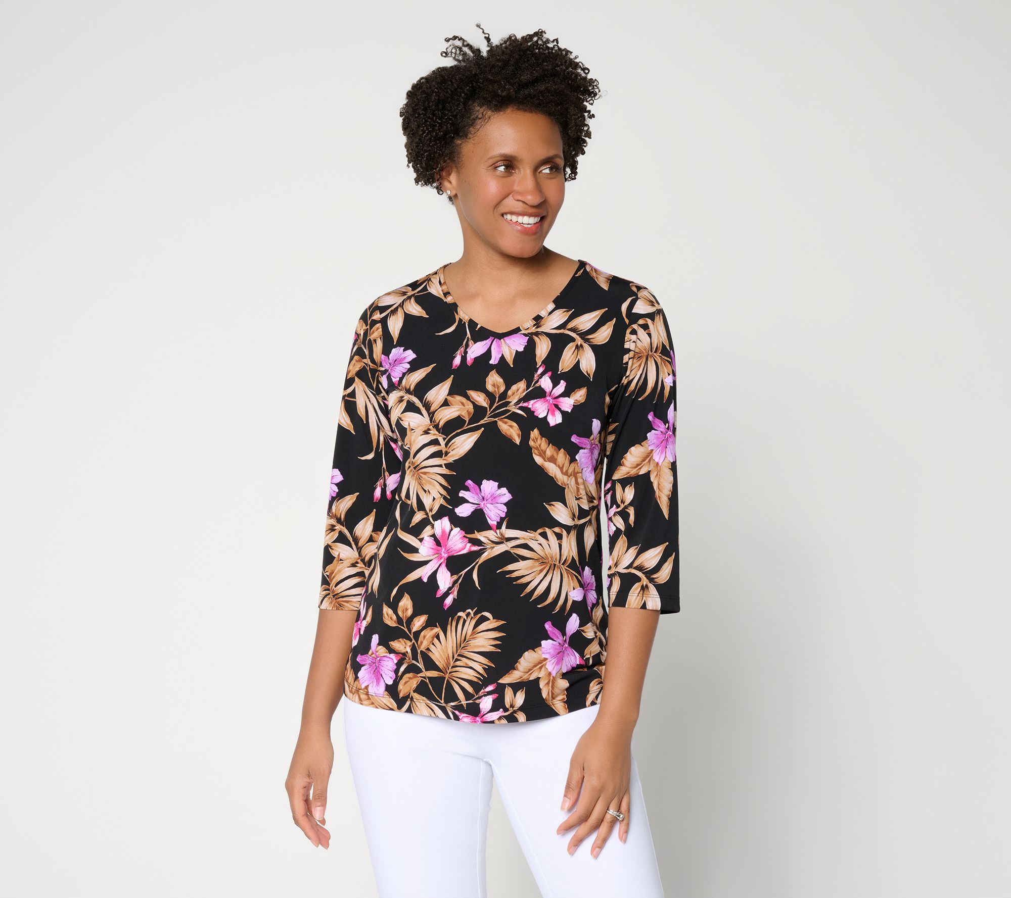 Susan Graver Printed Liquid Knit V-neck 3/4 Sleeve Top