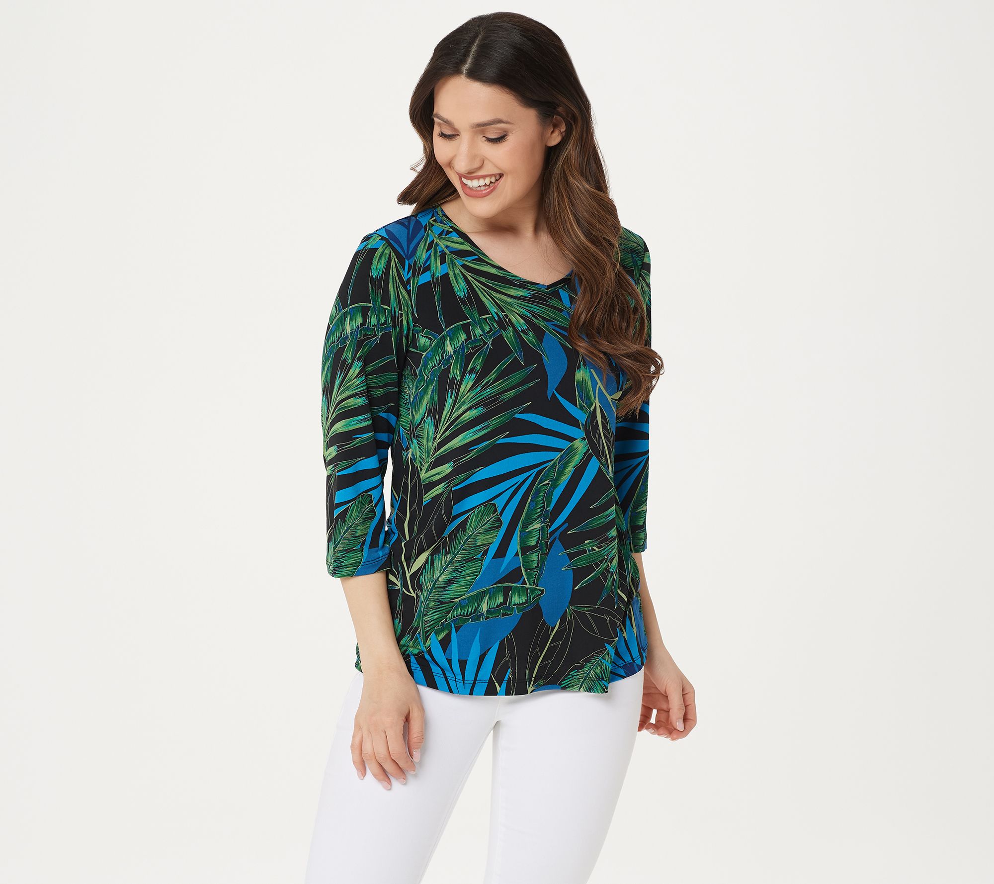 Susan Graver Printed Liquid Knit V-neck 3/4 Sleeve Top