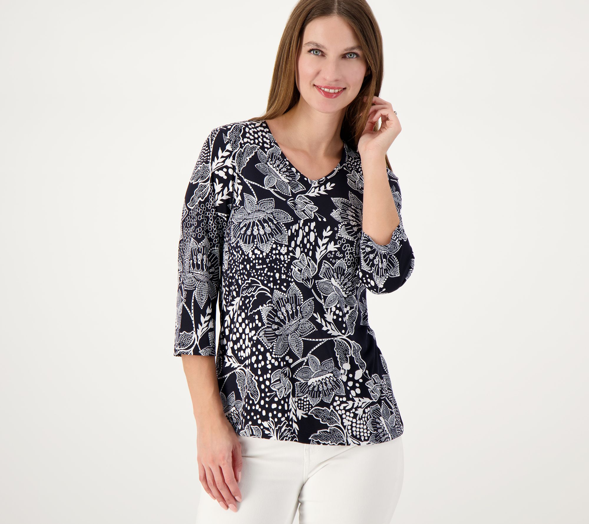 Susan Graver Printed Liquid Knit V-neck 3/4 Sleeve Top