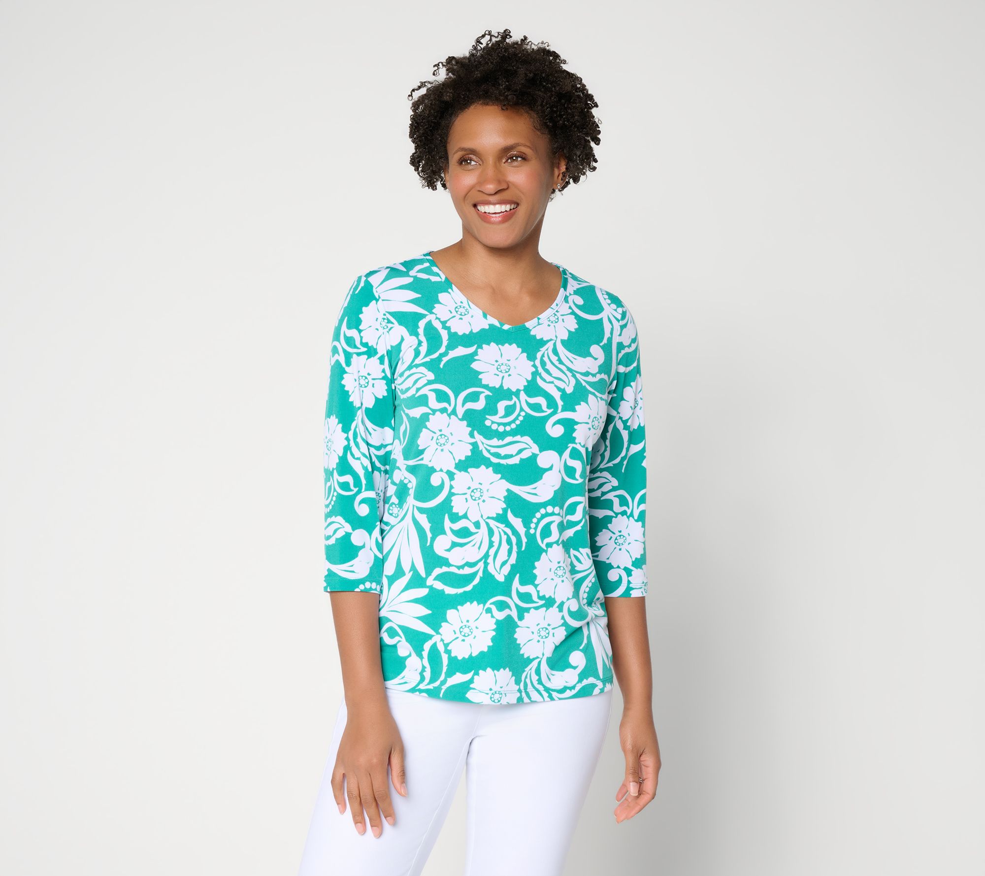 Susan Graver Printed Liquid Knit V-neck 3/4 Sleeve Top