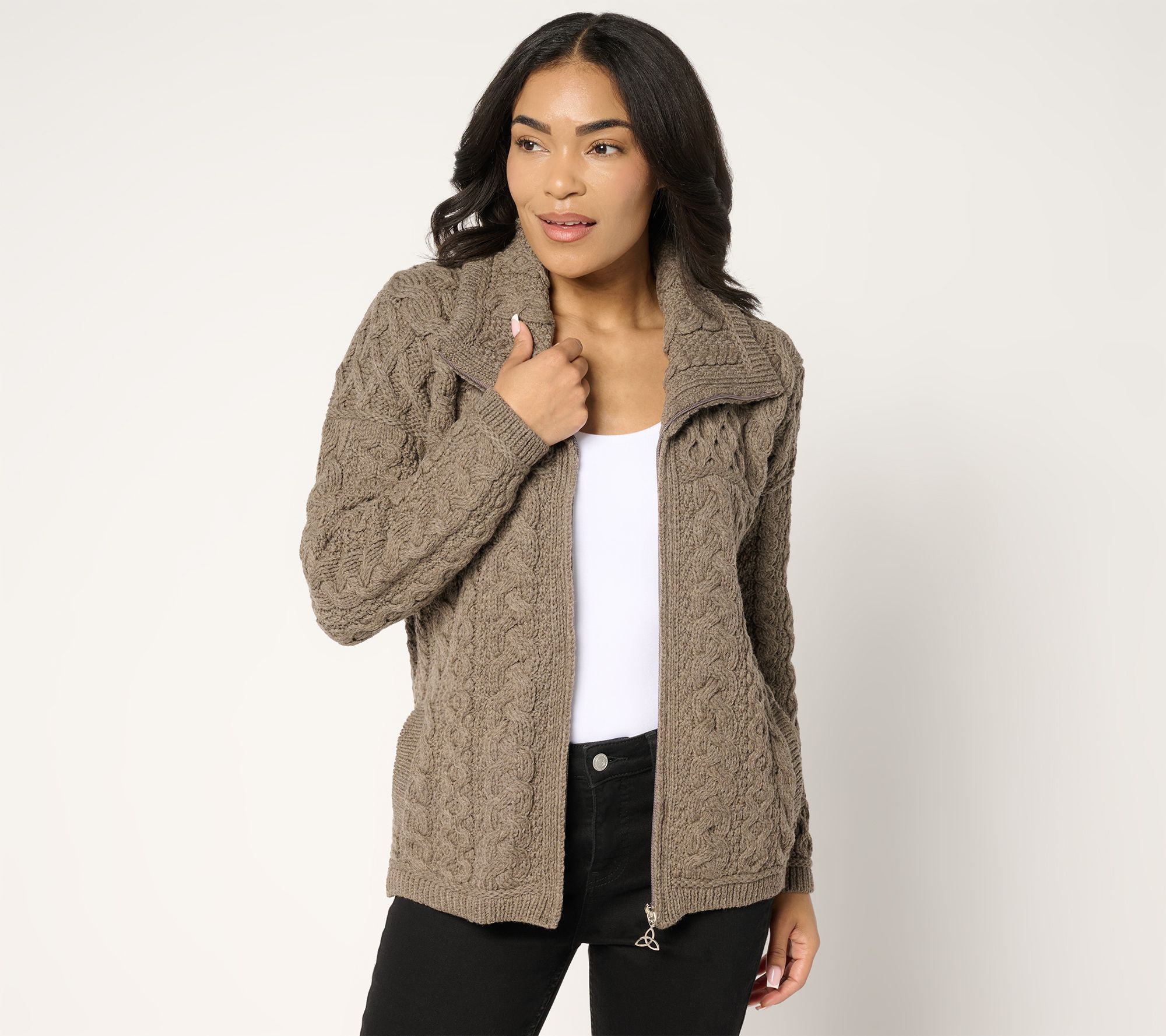Aran Crafts Merino Wool Zip Front Cardigan