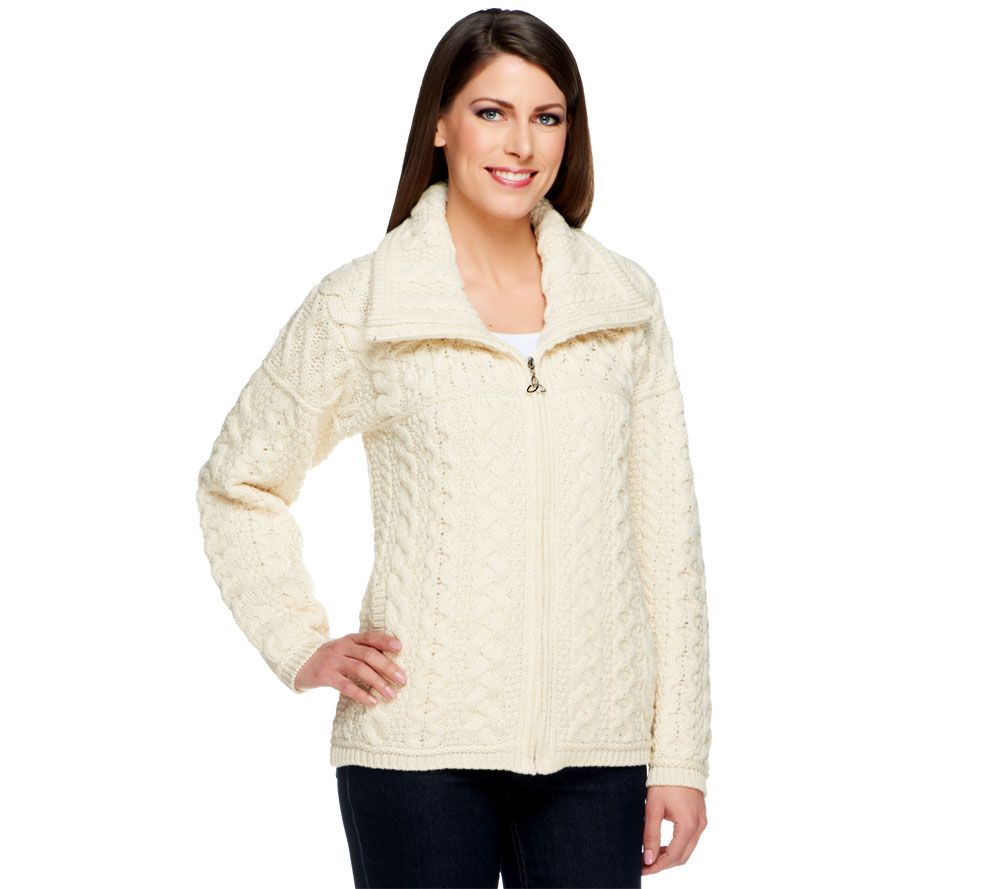 "As Is" Aran Crafts Merino Wool Zip Front Cardigan