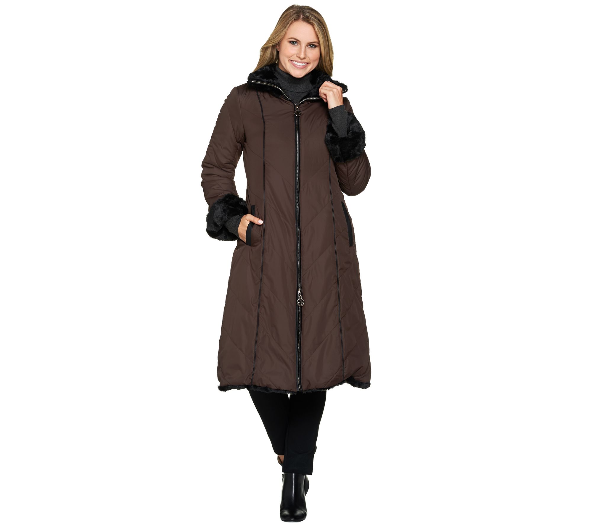 Dennis Basso Reversible Faux Fur Coat with Zip Off Hood