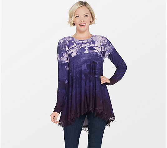 LOGO by Lori Goldstein Printed Swing Top with Lace at Hem