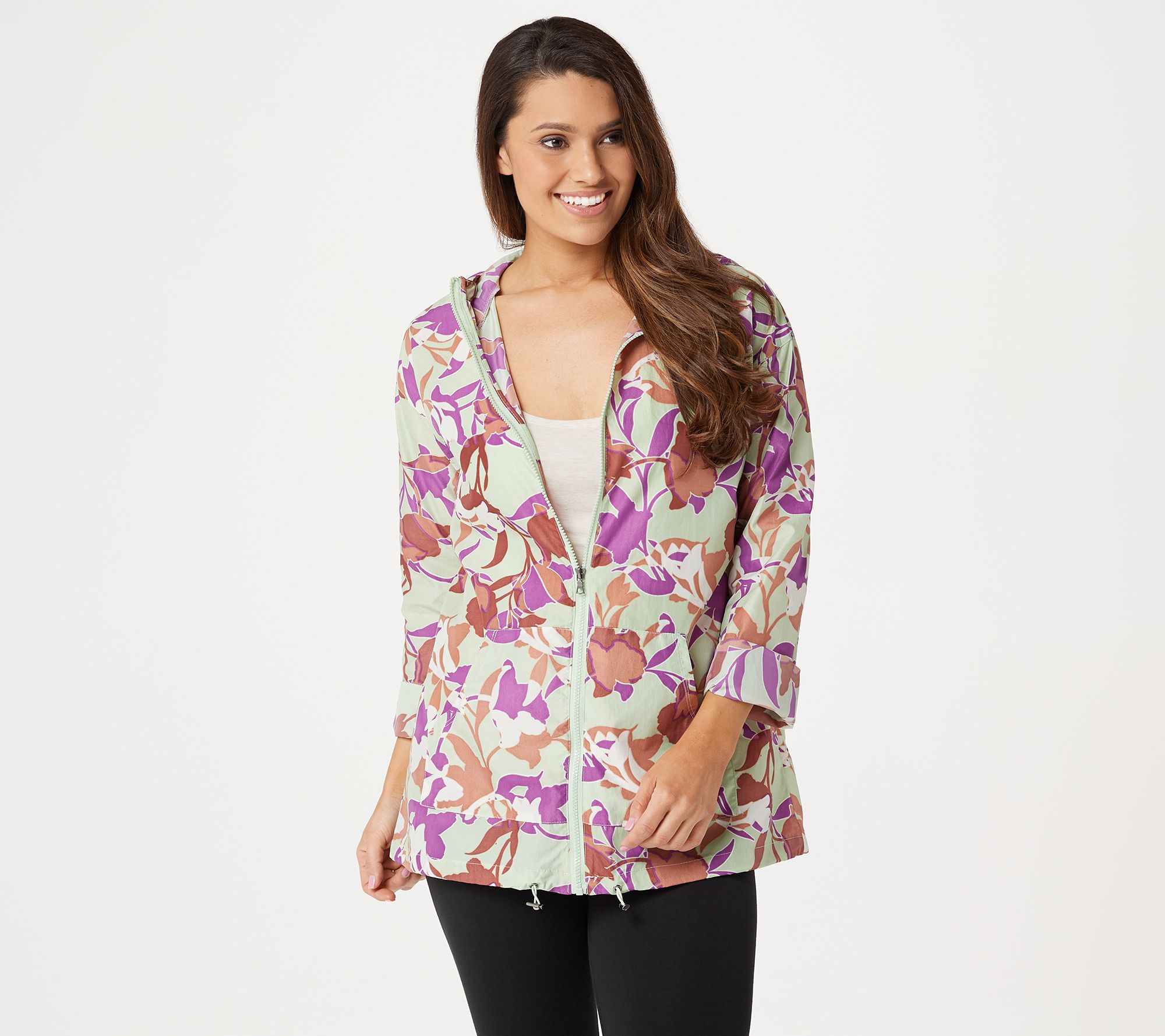 LOGO by Lori Goldstein Printed Nylon Zip-FrontHooded Jacket - A350581