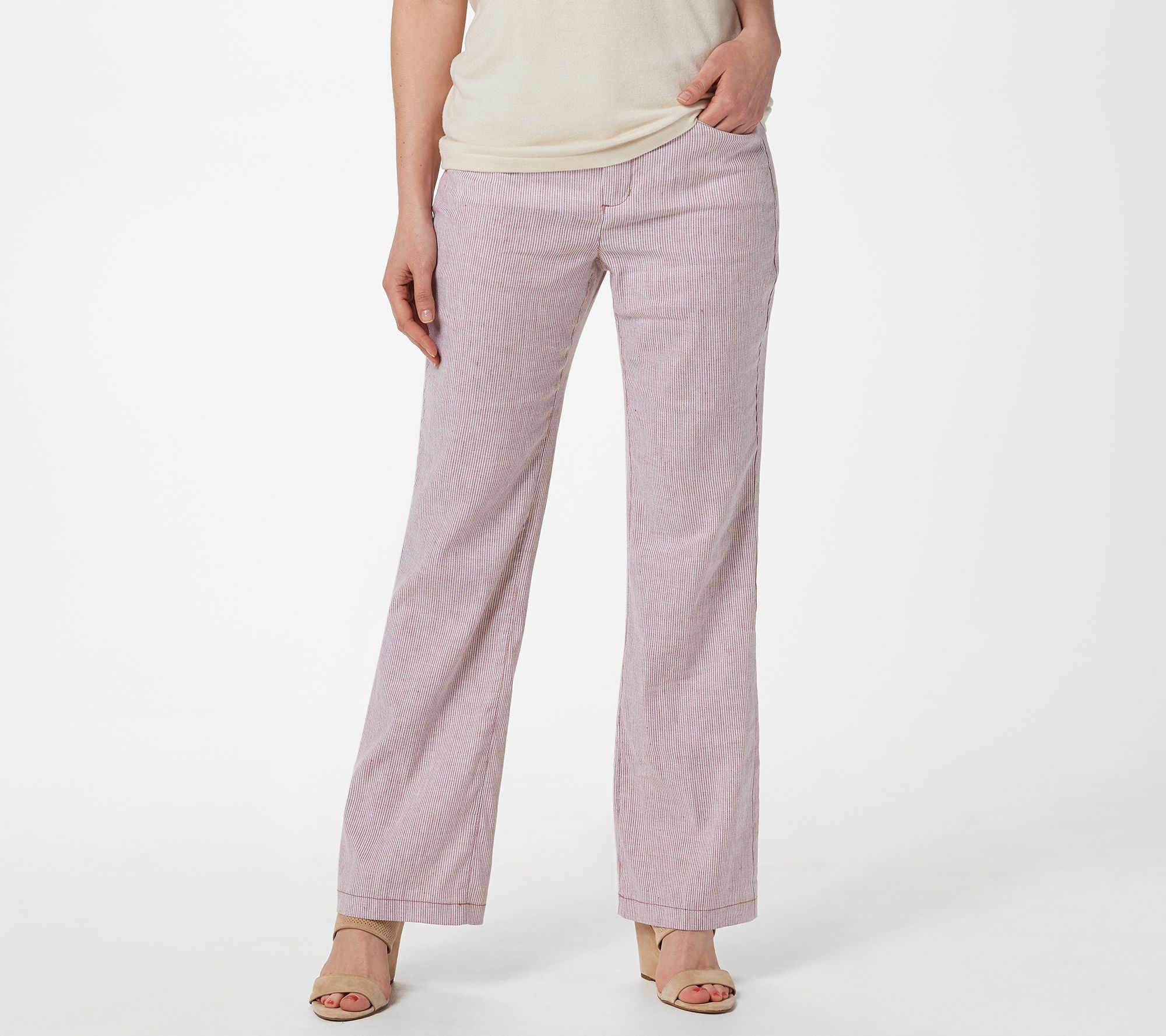 NYDJ Linen 4-Pocket Full-Length Trousers - Sand Stripe - QVC.com