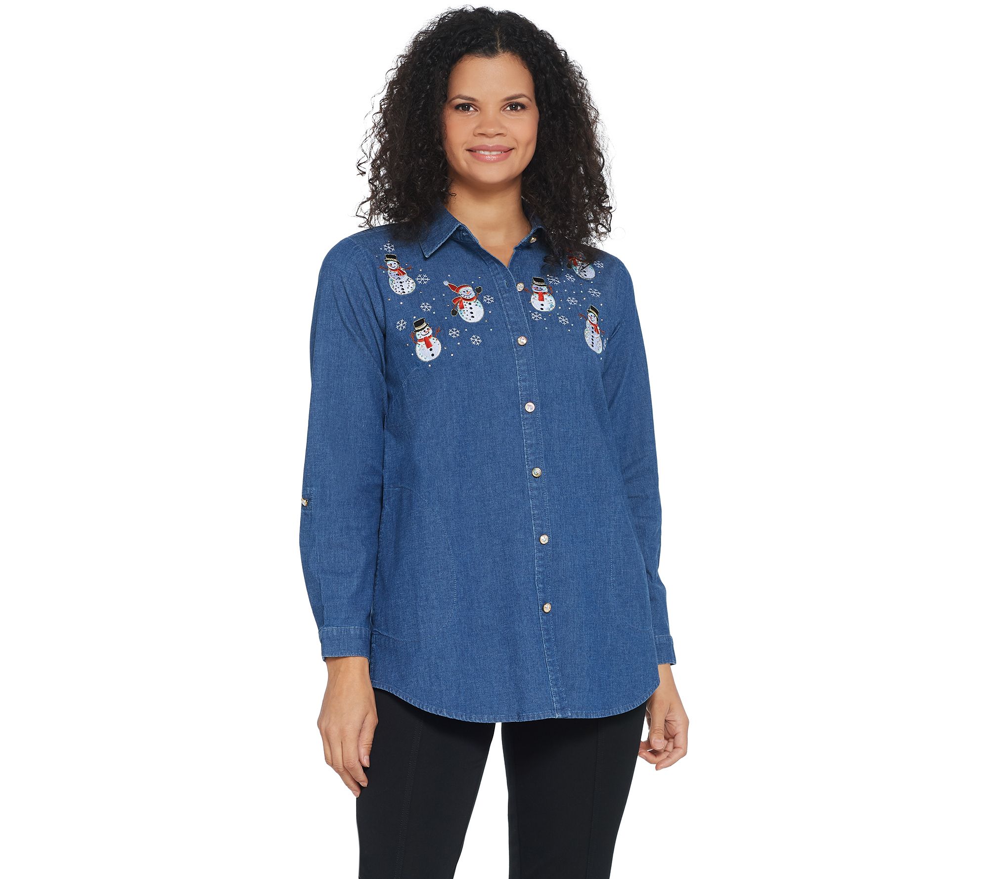 "As Is" Quacker Factory Button Front Denim Tunic with Holiday Motif ...