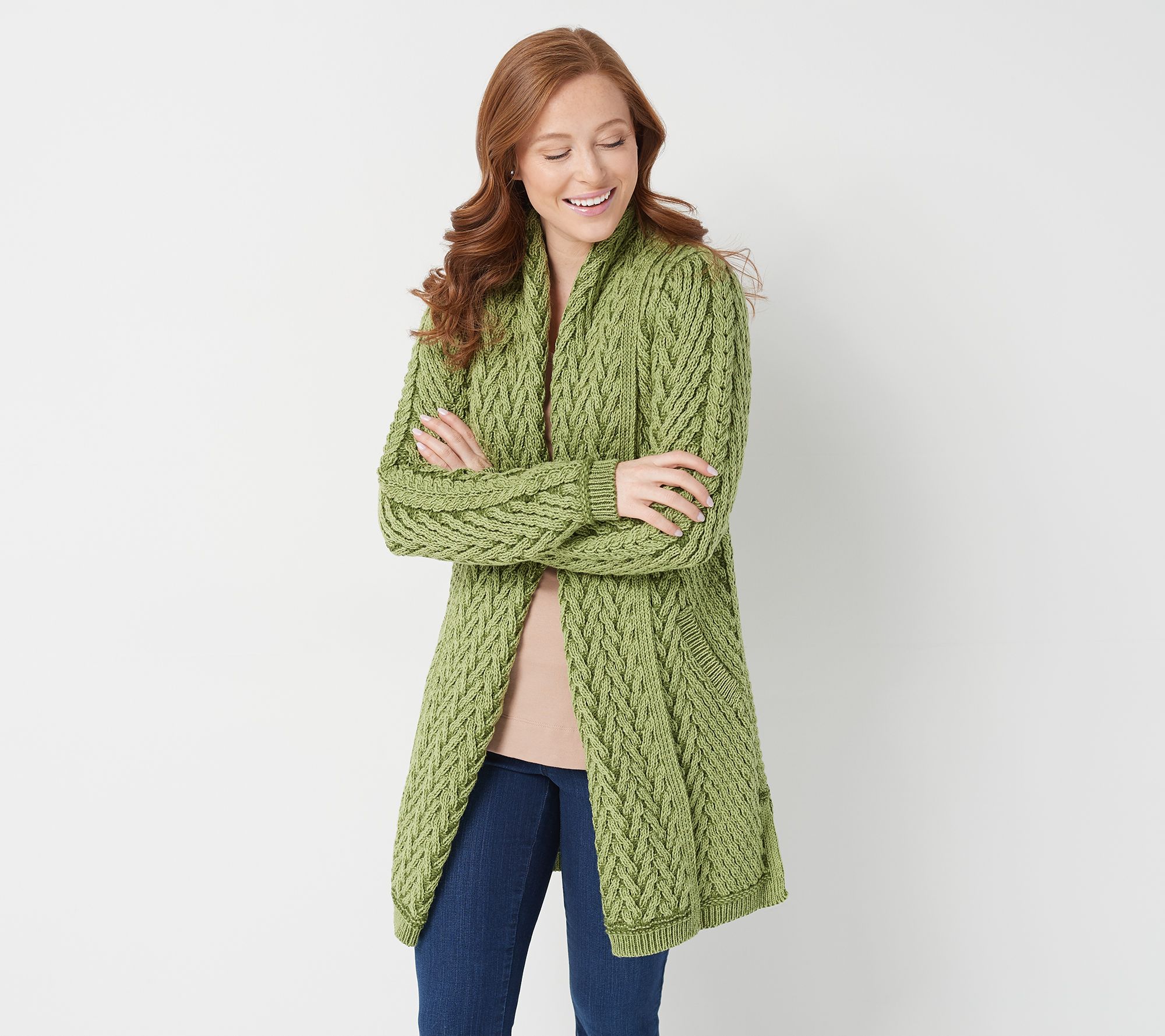 Aran Craft Merino Wool Open Front Cardigan with Pockets 