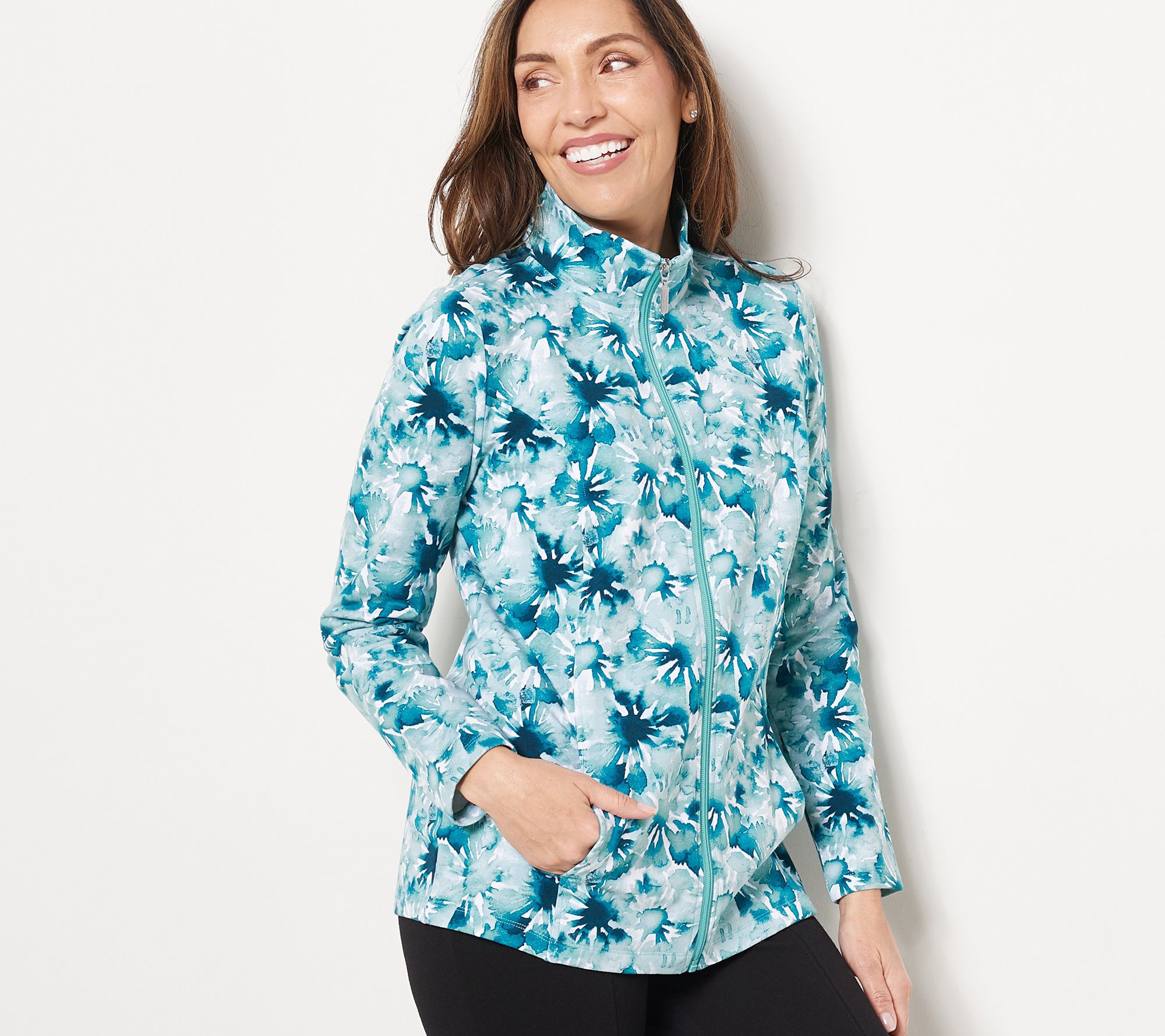Denim & Co. Active Printed French Terry Zip Front Long Sleeve Jacket -  QVC.com