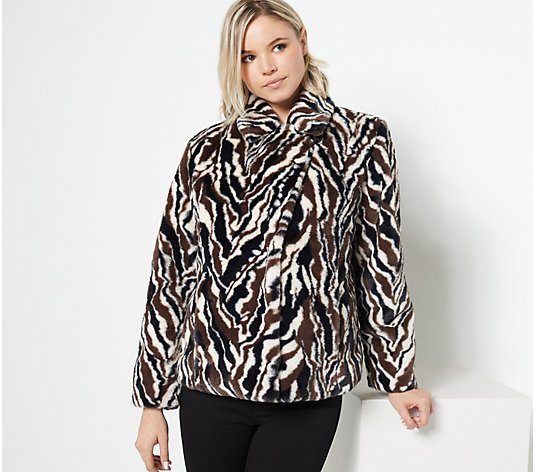 "As Is" Dennis Basso Printed Faux Fur Notched Collar Jacket