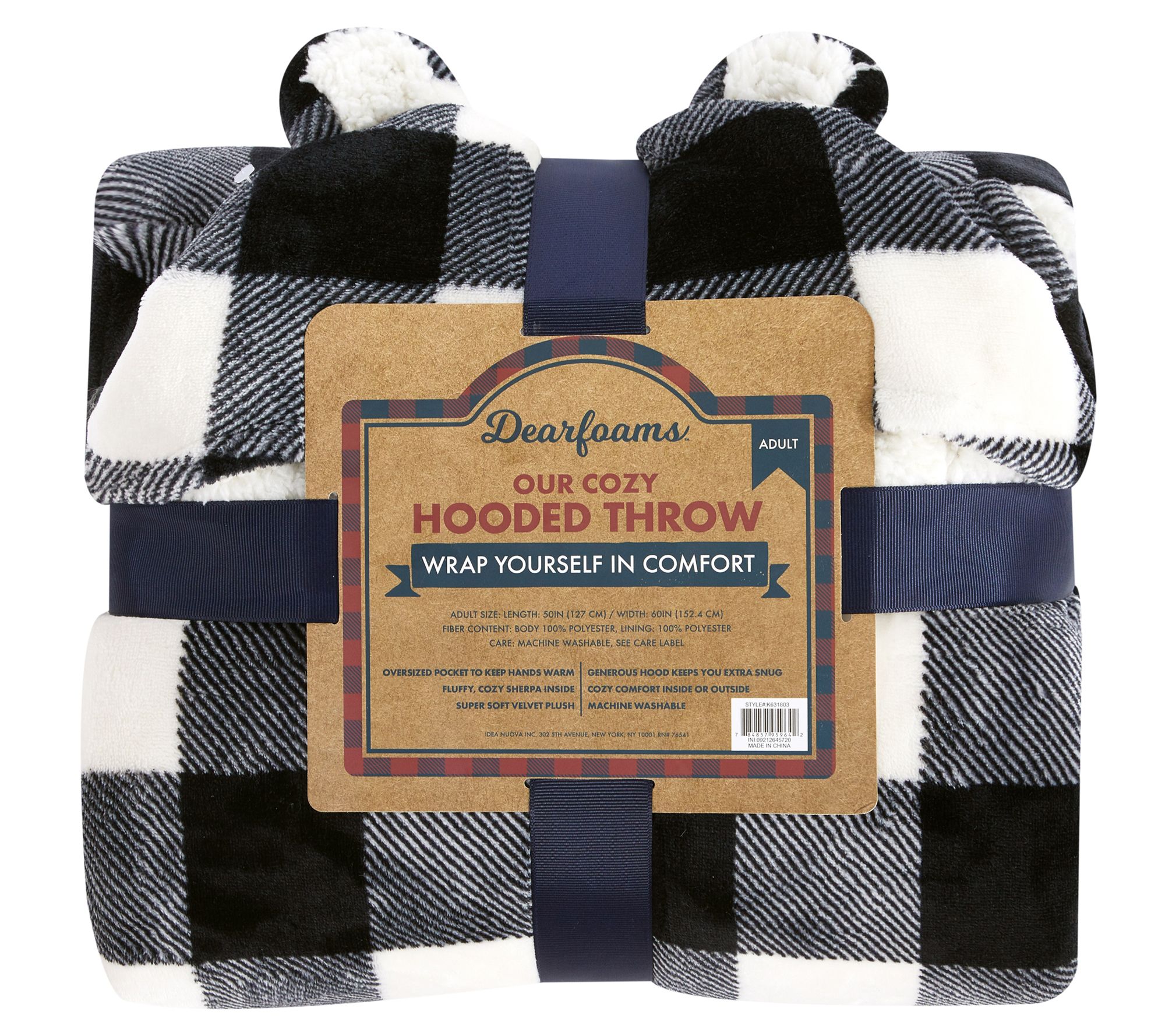Dearfoams Adult Hooded Throw Black and WhiteBuffalo Check