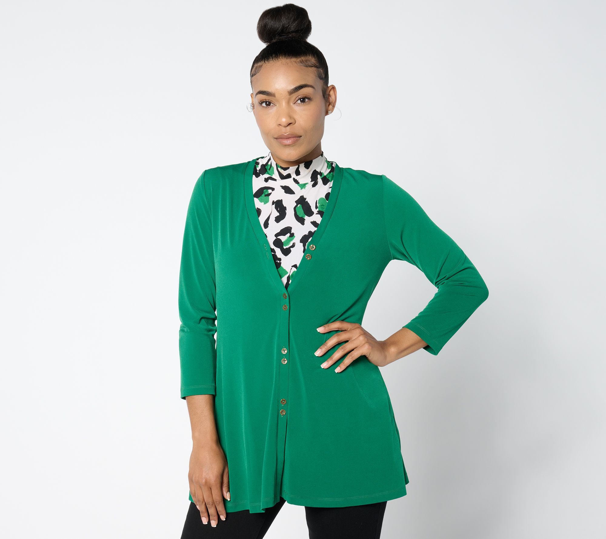 Susan Graver Reg Solid Liquid Knit A-Line Cardigan & Print_Tank St