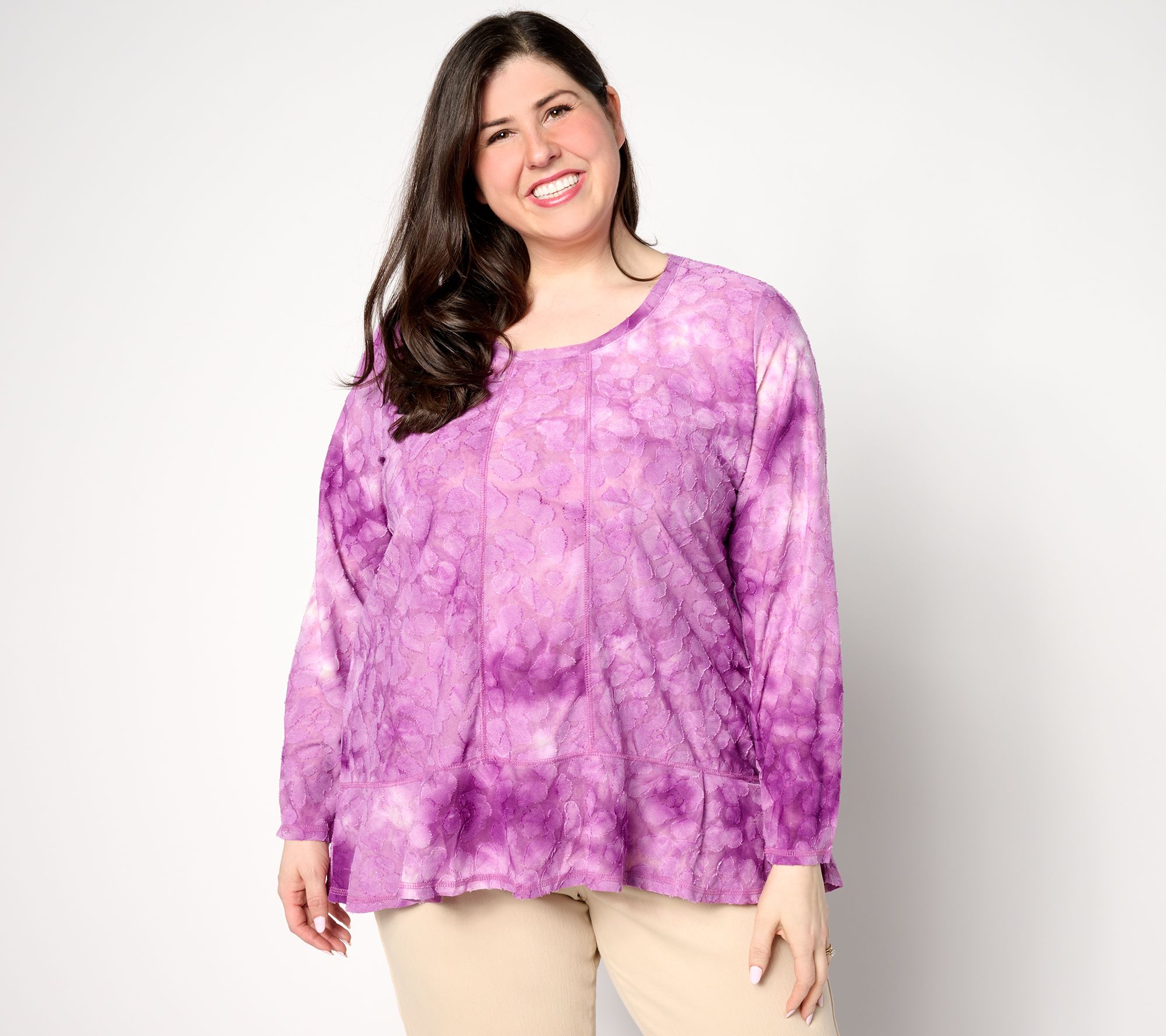LOGO by Lori Goldstein Clipped Jacquard Top with Ruffle Hem