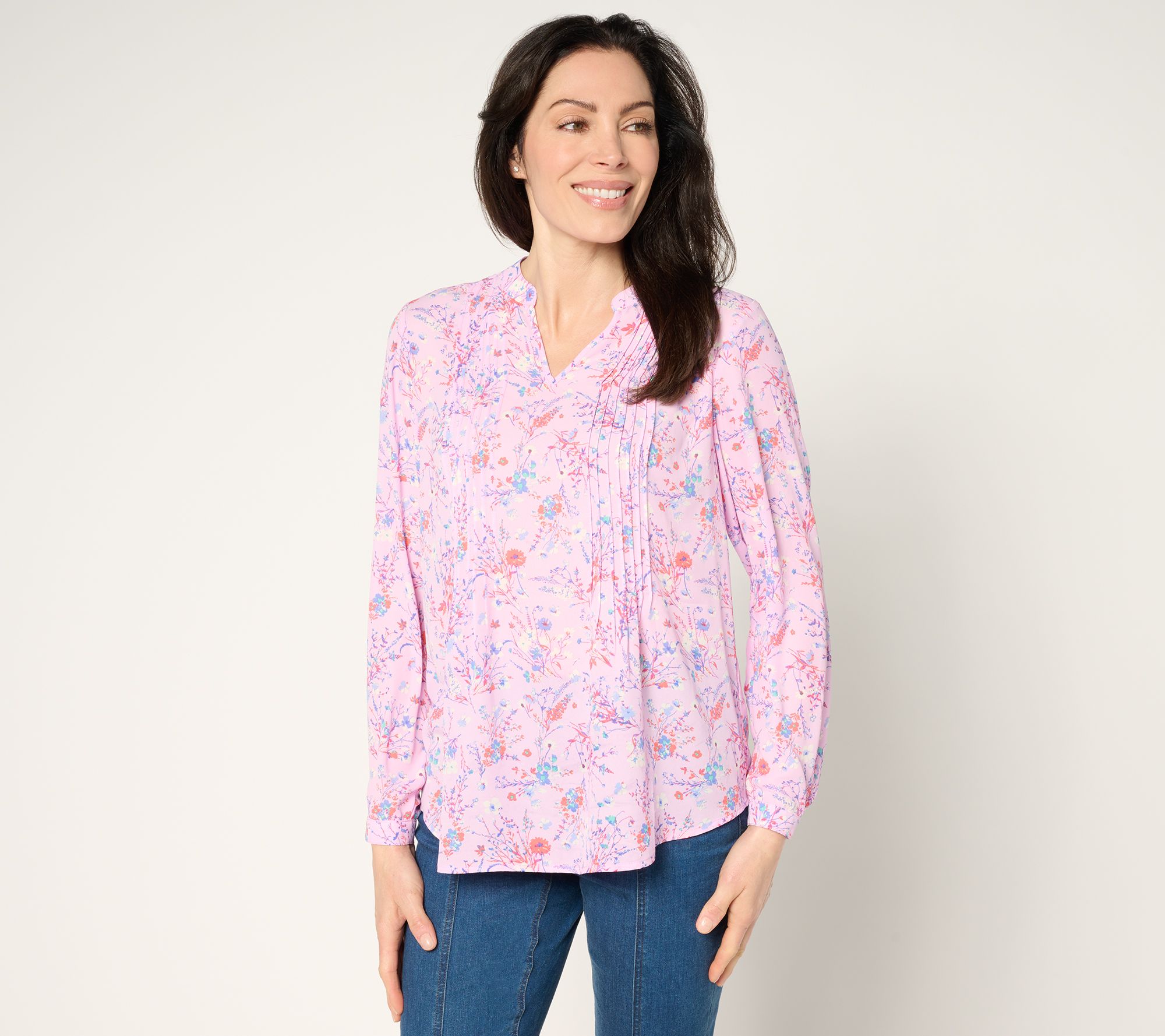 Joan Rivers Printed Floral Textured Woven Long Sleeve V-Neck Blouse