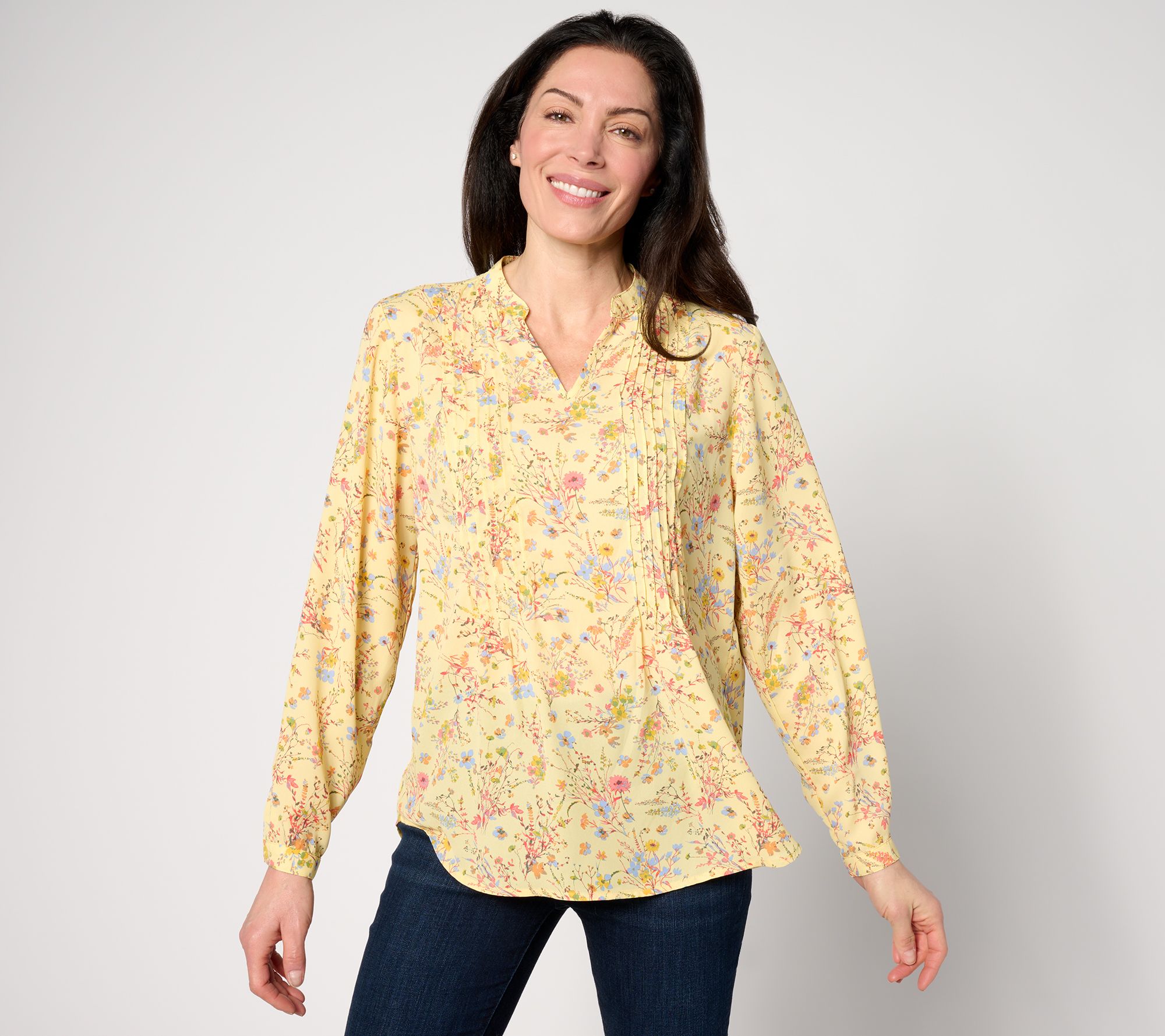 Joan Rivers Printed Floral Textured Woven Long Sleeve V-Neck Blouse